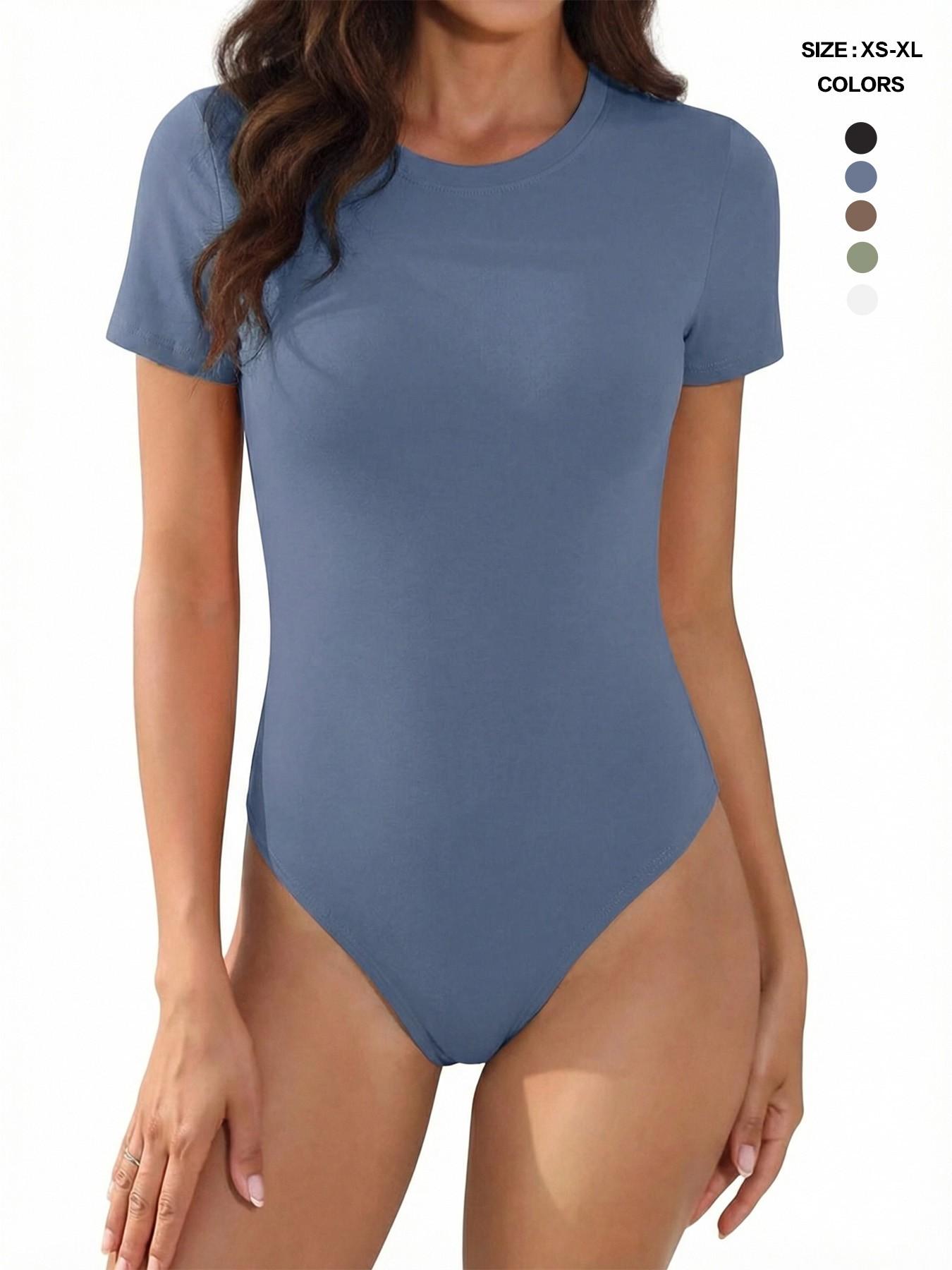 Body Suits for Womens Short Sleeve Round Neck Casual Stretchy Basic T Shirt Bodysuit Tops Underwear