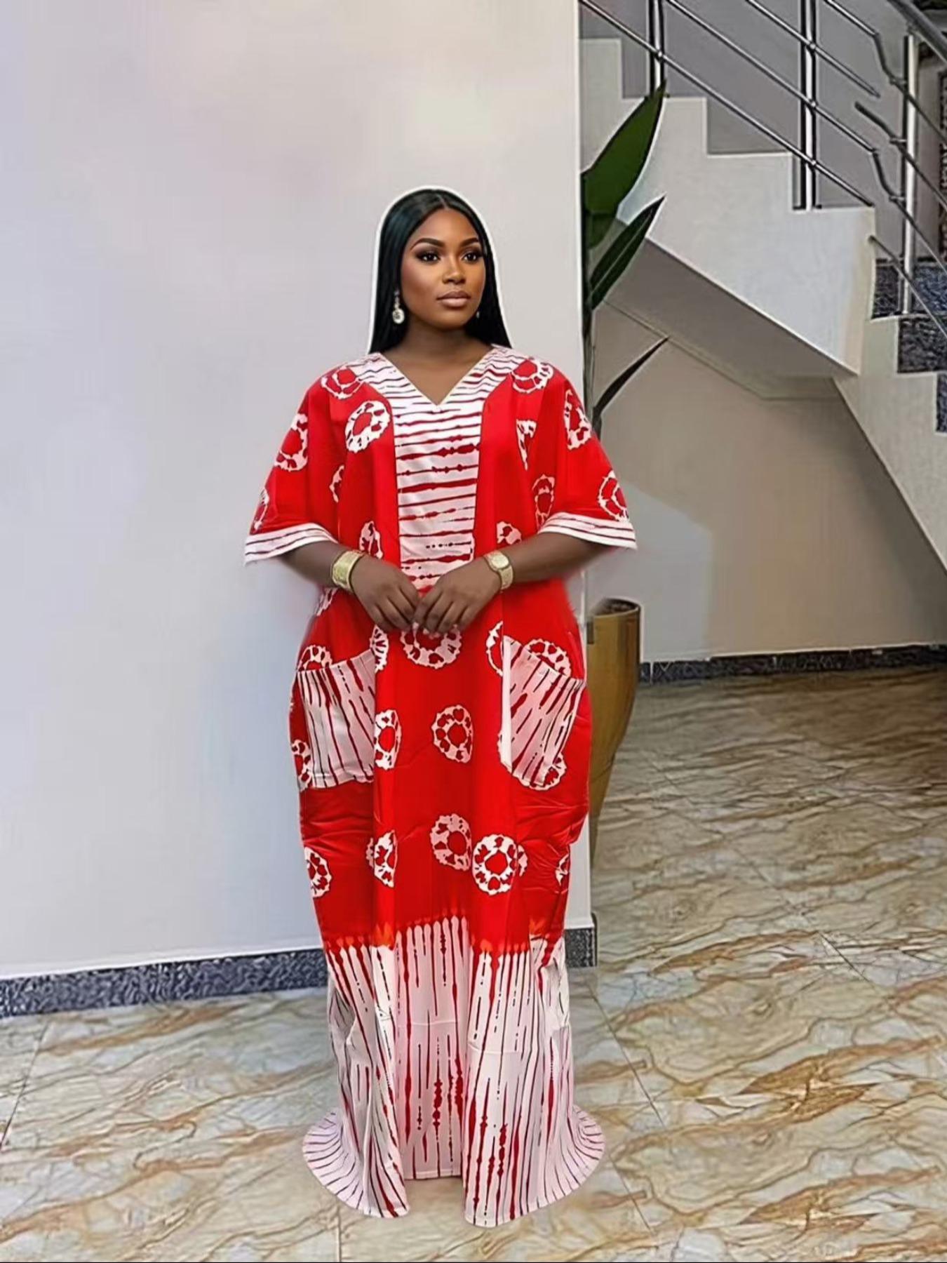 African Style Fashion Dress Summer Loose Plus Size Print Chest Patch Ethnic Boubou Kaftan Long Robe Daily Travel Party V Neck Short Sleeve with Pockets and Scarf Casual Wear