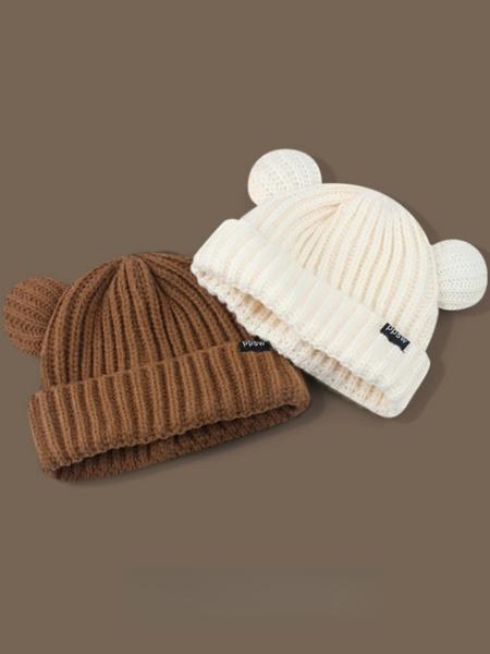 Women's Animal Ear Knit Beanie Hat, Casual Letter Patch Acrylic Warm Cap, Bear Shape Fitted Sweater Hat for All Seasons, Knitted Winter Hat
