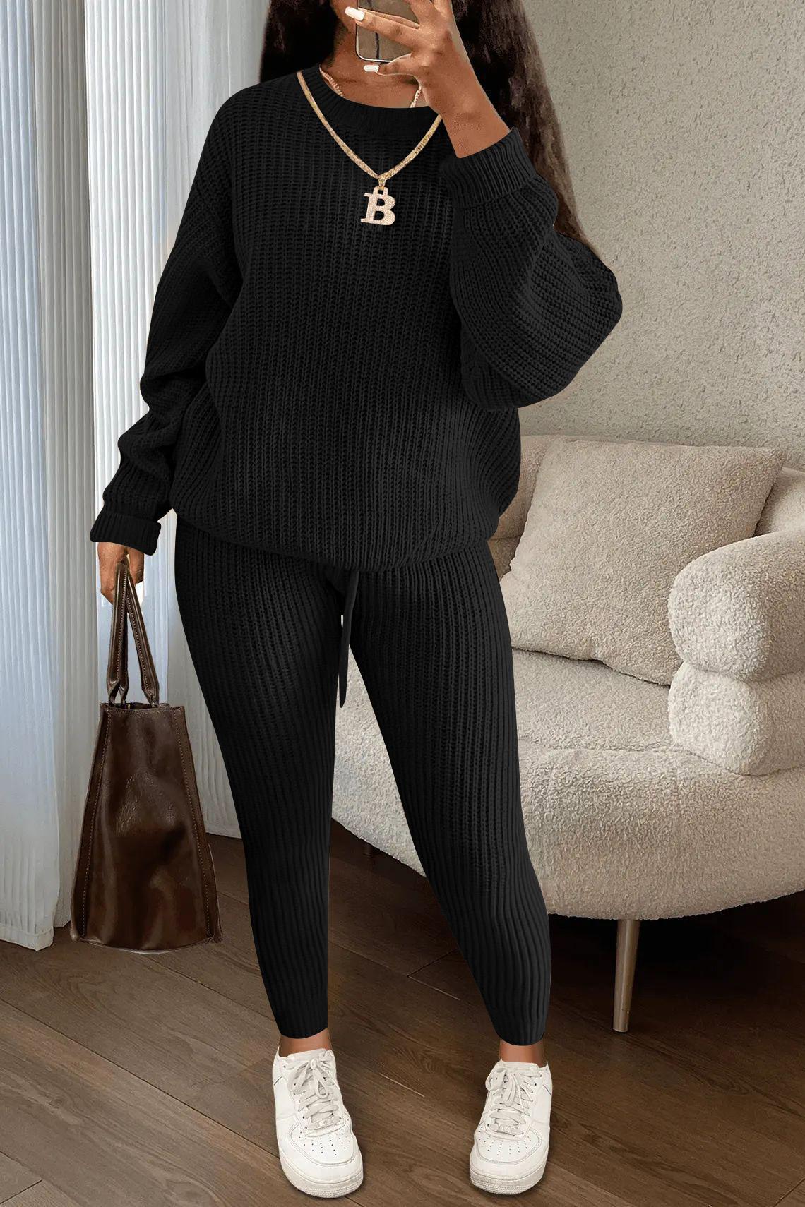 USBoutique Chic Women's Solid Drop Shoulder Sweater & Drawstring Waist Pants Two-piece Set, Fall Outfits, Casual Fashion Cozy Knitwear Set for Daily Outdoor Wear, Women's Matching Knitwear for Fall & Winter, Womenswear & Underwear, Suits