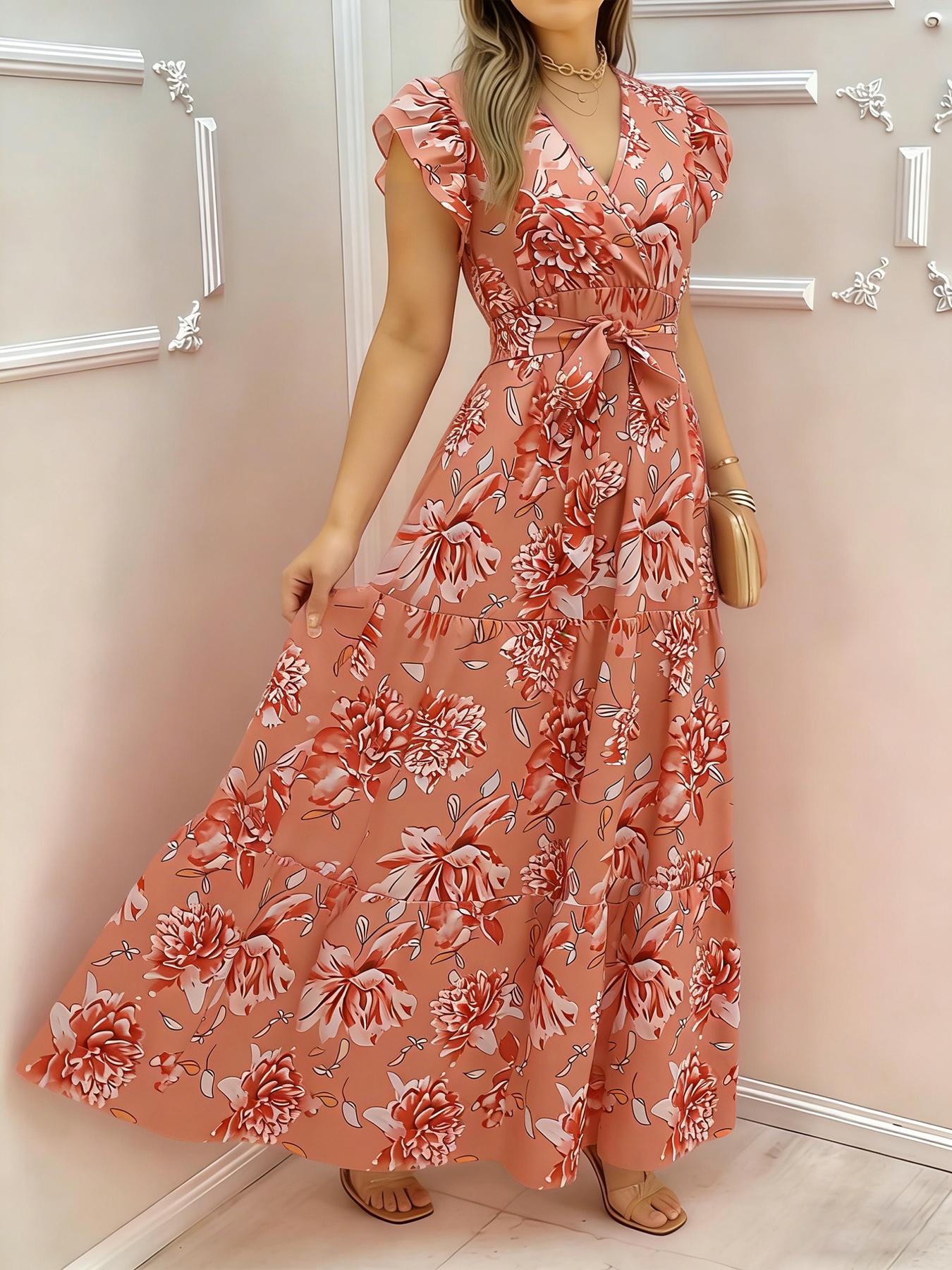 Elegant Women's Floral Print Ruffle Sleeve Waist Cinching Long Dress, Summer Ladies' Dresses, Stylish and Comfortable