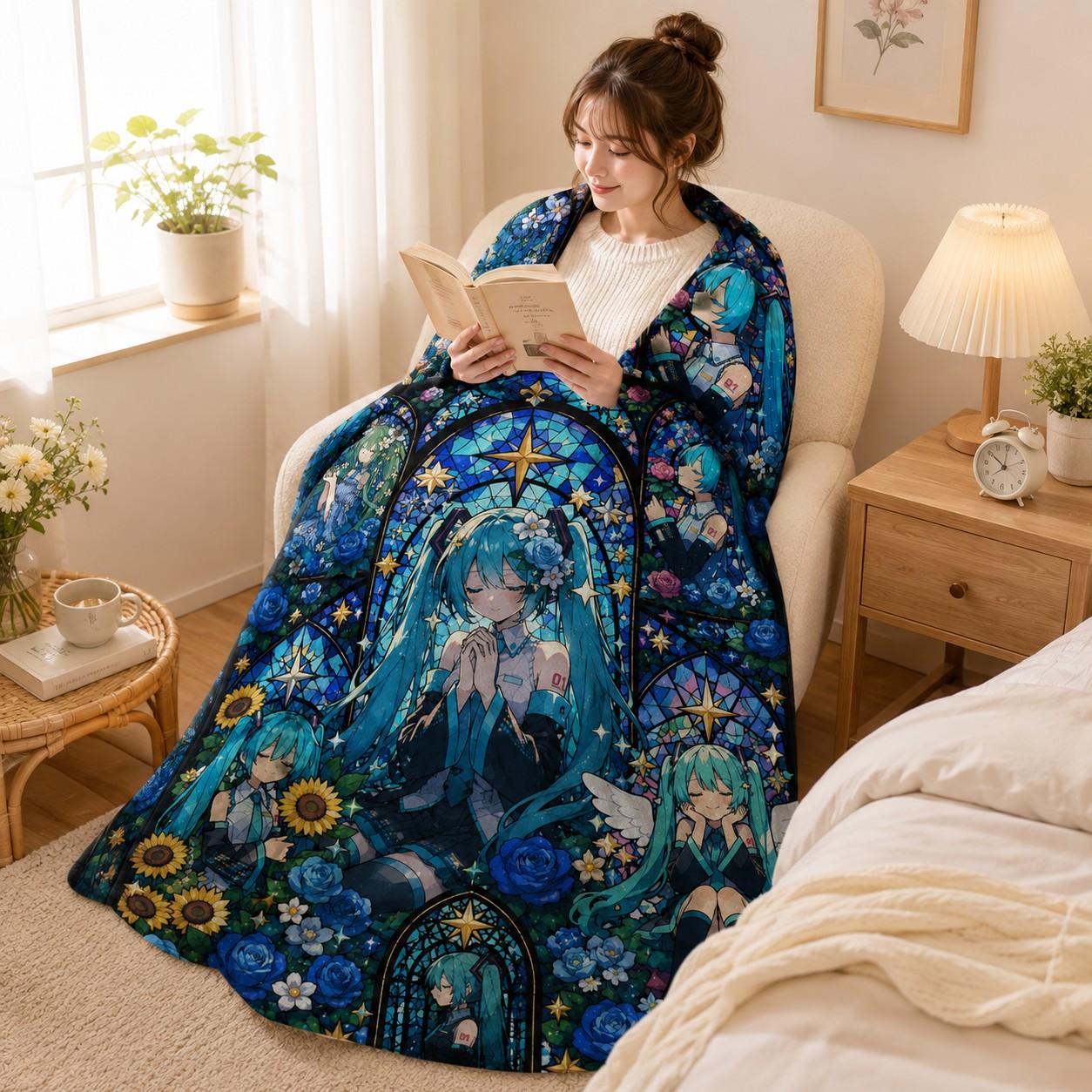 Hatsune Miku Vocaloid Flannel Blanket, Blue Rose Stained Glass Anime Throw for Bed Sofa, Soft Cozy Room Decor Gift for Fans