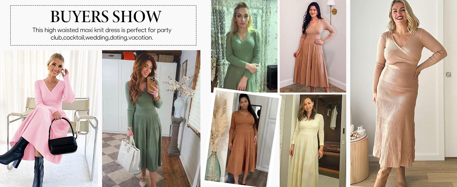 Saodimallsu Womens Long Sleeve Midi Sweater Dress Wrap V Neck Pleated A Line Fit Flare Elegant Knit Maxi Dress Casual Bride SpringStatements