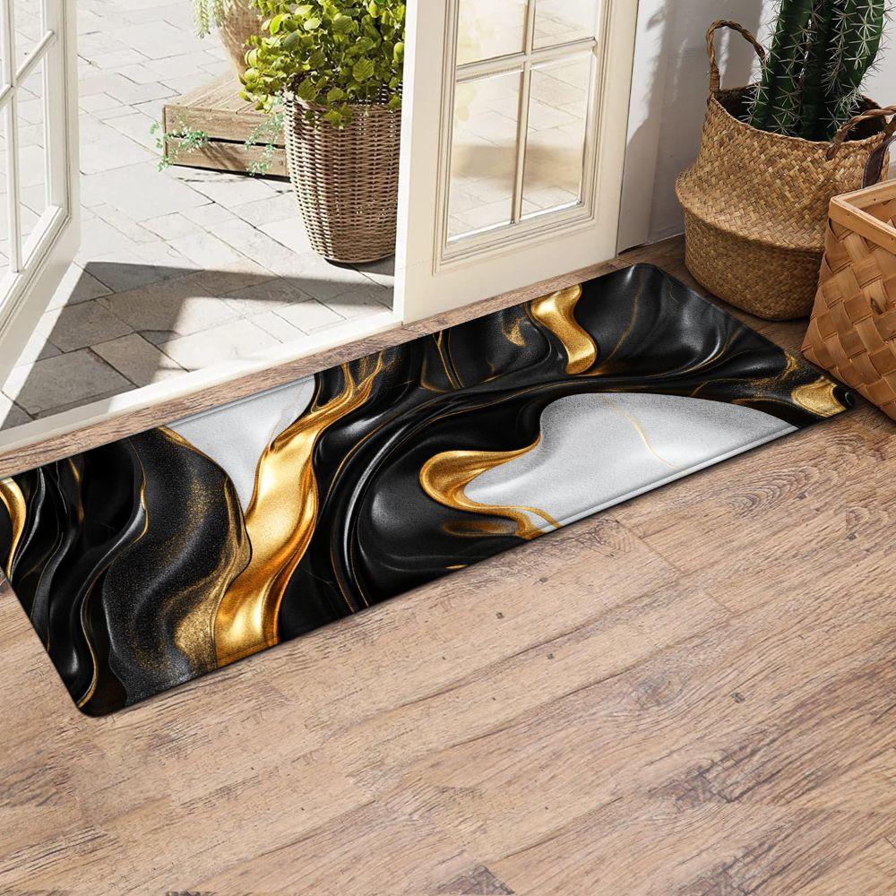 1PC， Black Gold White Fluid Texture Patterned strip rugs, home décor, bathroom mats, entryway mats, bathroom non-slip mats, indoor entrance rugs, bedroom bedside mats, kitchen mats, hallway rugs, flannel sponge rugs, hallway runner rugs