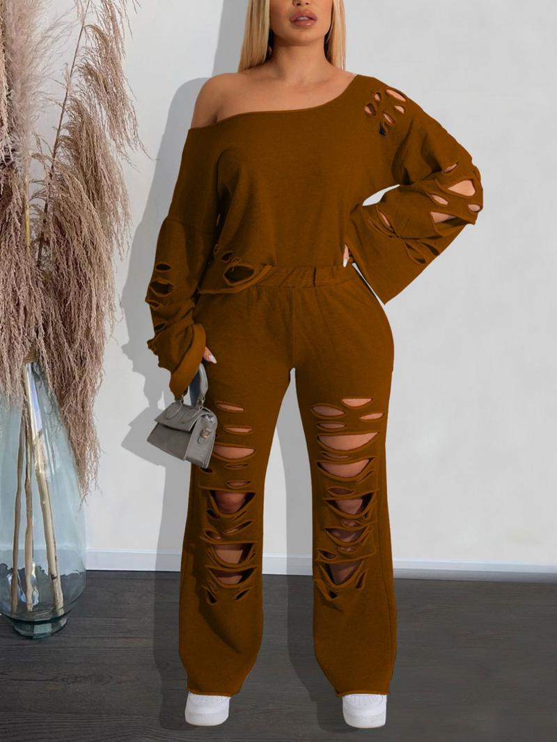 Women's Ripped Asymmetrical Neck Pullover & Wide Leg Pants Set, Solid Drop Shoulder Top & Ripped Trousers Set, Fashion Cozy Outfits for Daily Wear, Co-ord Sets for Women, Sweatsuit Set Outfit, Clothes