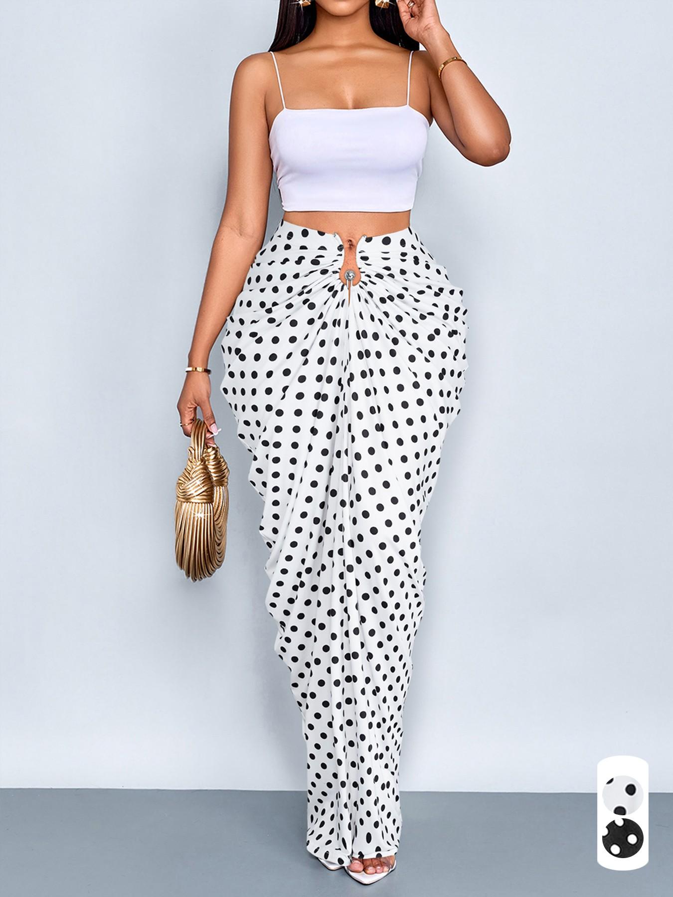 Summer Women's Elegant Polka Dot Stretch Fashion Casual Skirt, High Waist Fitted Long Design, Comfortable Knit Material, Perfect for Daily Wear
