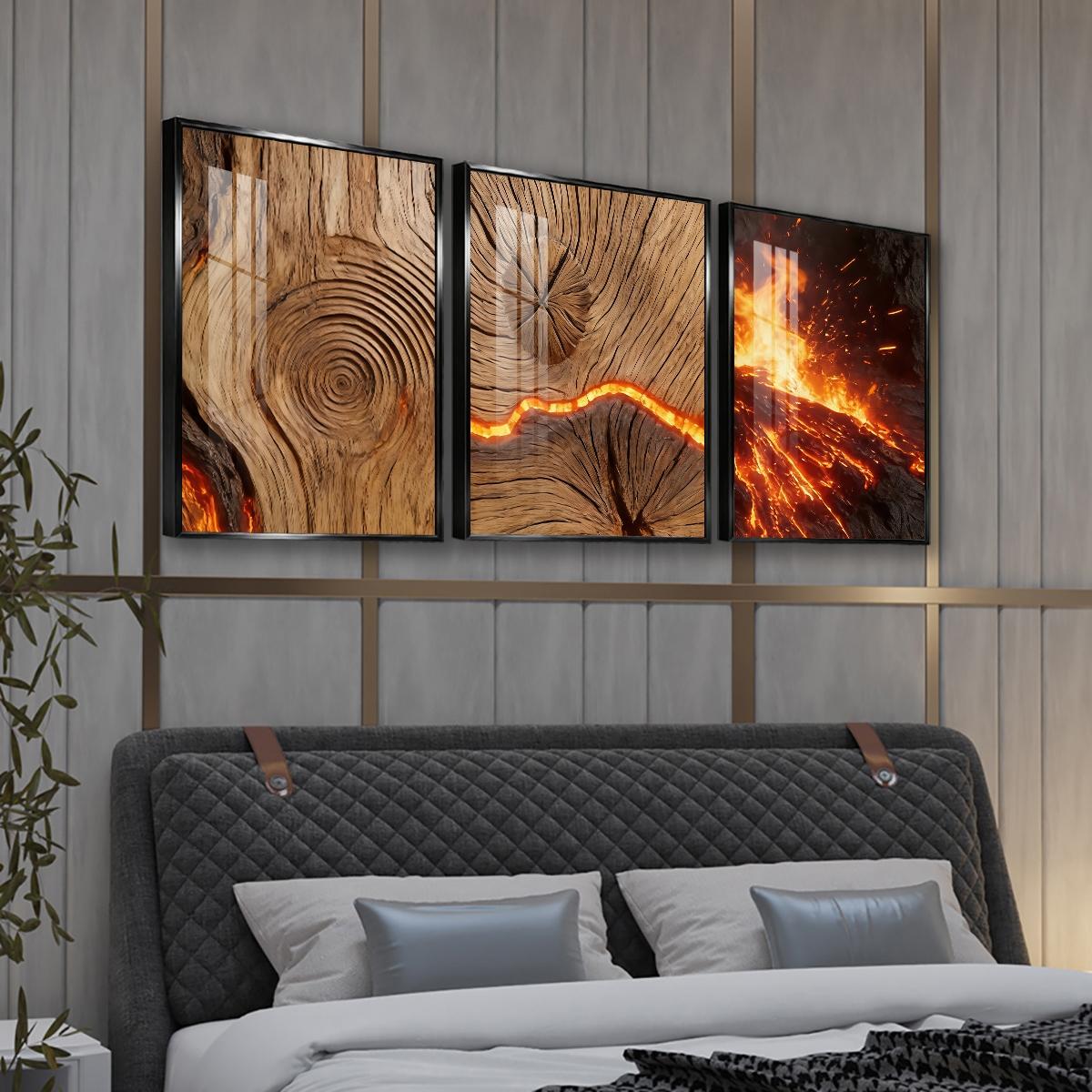 3 Counts Aluminum Alloy Framed Painting, Burning Wood Texture And Flowing Lava Art Pictures, Home Decoration For Living Room, Bedroom, Office, Restaurant, Hallway Wall Decor, Odorless Print Artwork, Luxury Perfect Gift For Friends And Family