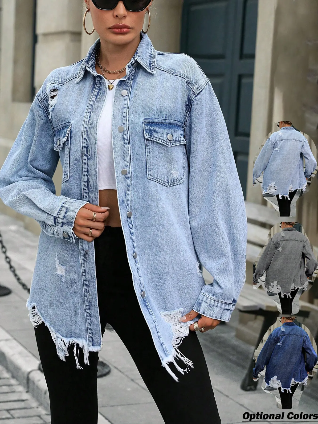 Women's Washed Ripped Hem Denim Shirt Jacket, Loose-Fit Turn-Down Collar, Large Pockets, Casual Outerwear for All Seasons