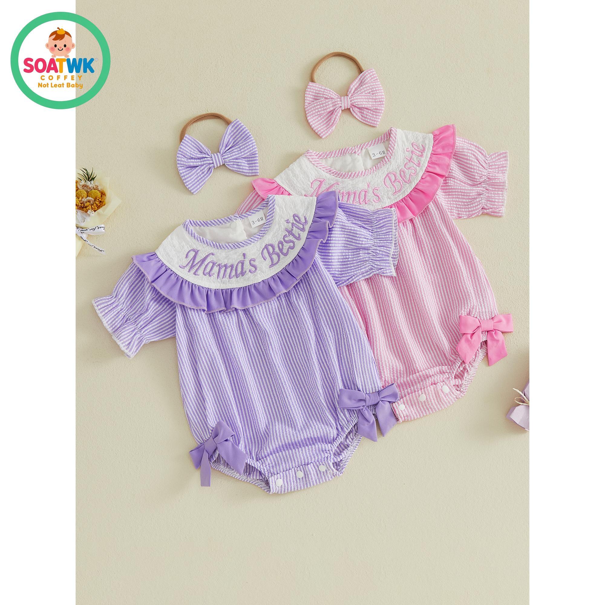 Baby Girl Summer Outfit Striped Letter Embroidered Puff Sleeve Bubble Romper and Bow Headband 2 Piece Set