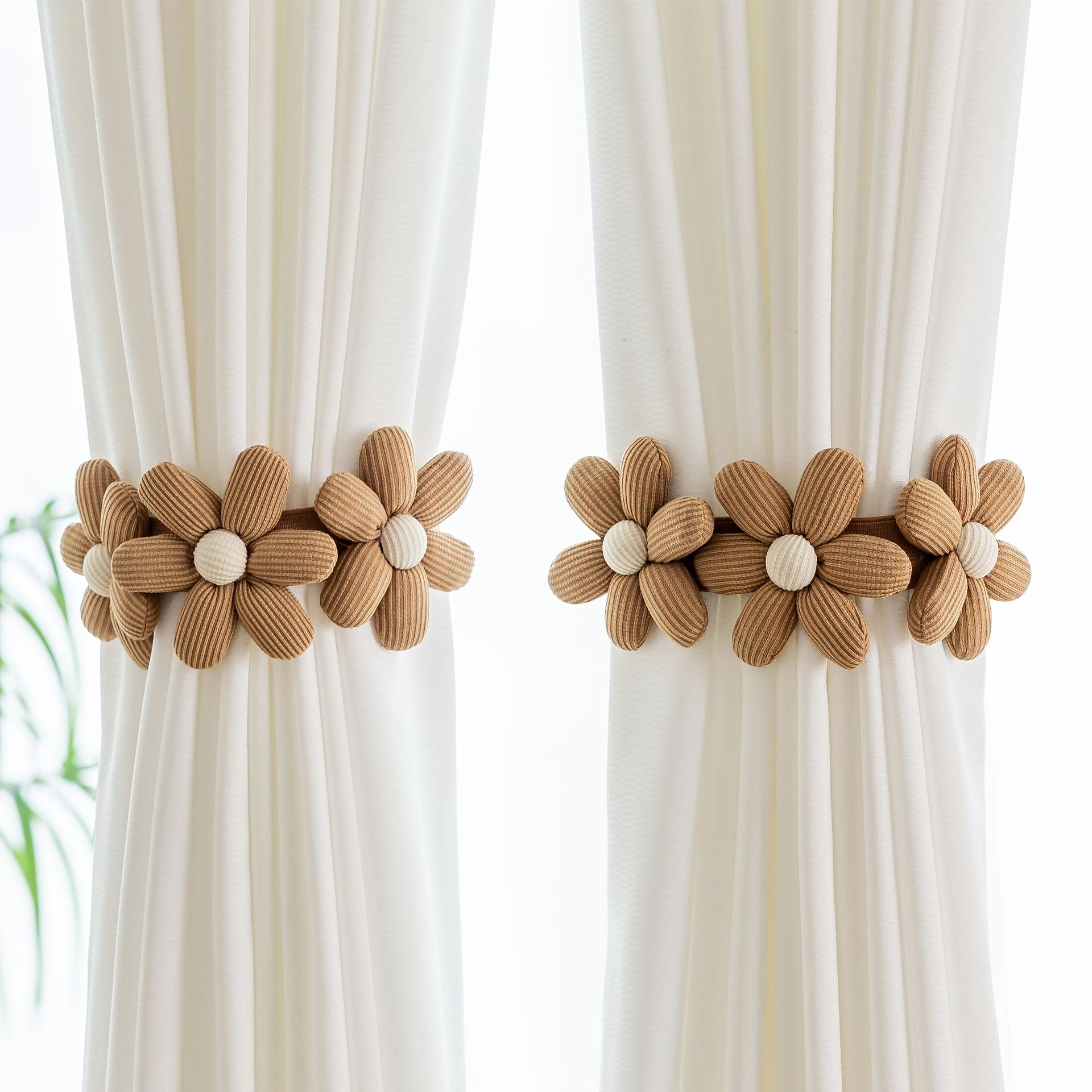 Boho Elastic Curtain Tiebacks with Daisy Floral, Ivory Cream Curtain Holdbacks with Invisible Buckle, Easy Install Decorative Home Accessories for Bedroom Living Room