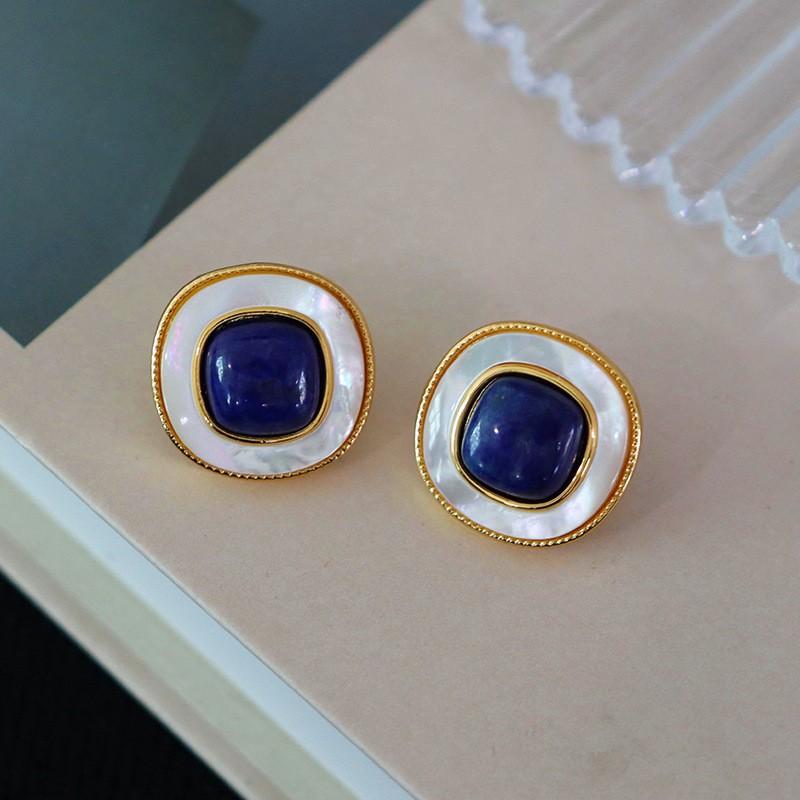 New Square Natural Shell Turquoise Stud Earrings Simple Retro High End Small Luxury Vintage Elegant Jewelry