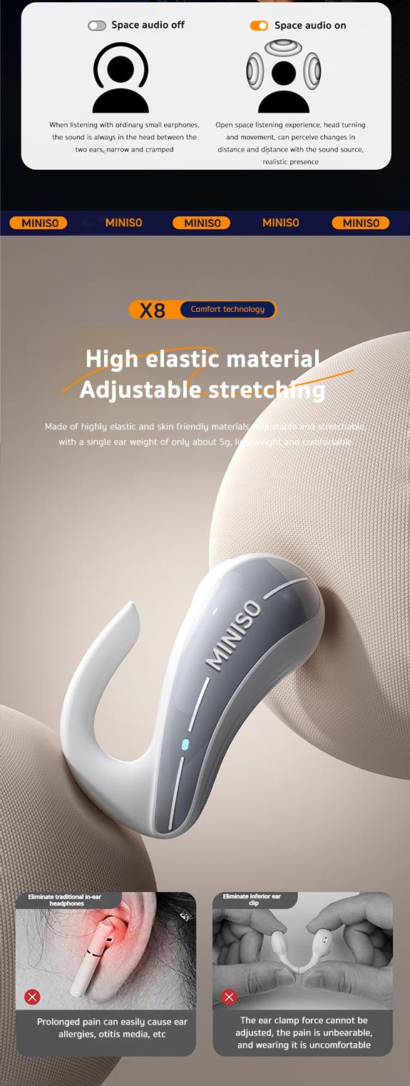 Miniso X8  Wireless OWS open Ear Headphones Bluetooth 5.4 IPX6 Waterproof Bone Conduction Earphones Over Ear Headphones for Running,Working Miniso X8 TWS Not In Ear Headset for iPhone Android Phone HiFi Sound Electric Audio Earbuds