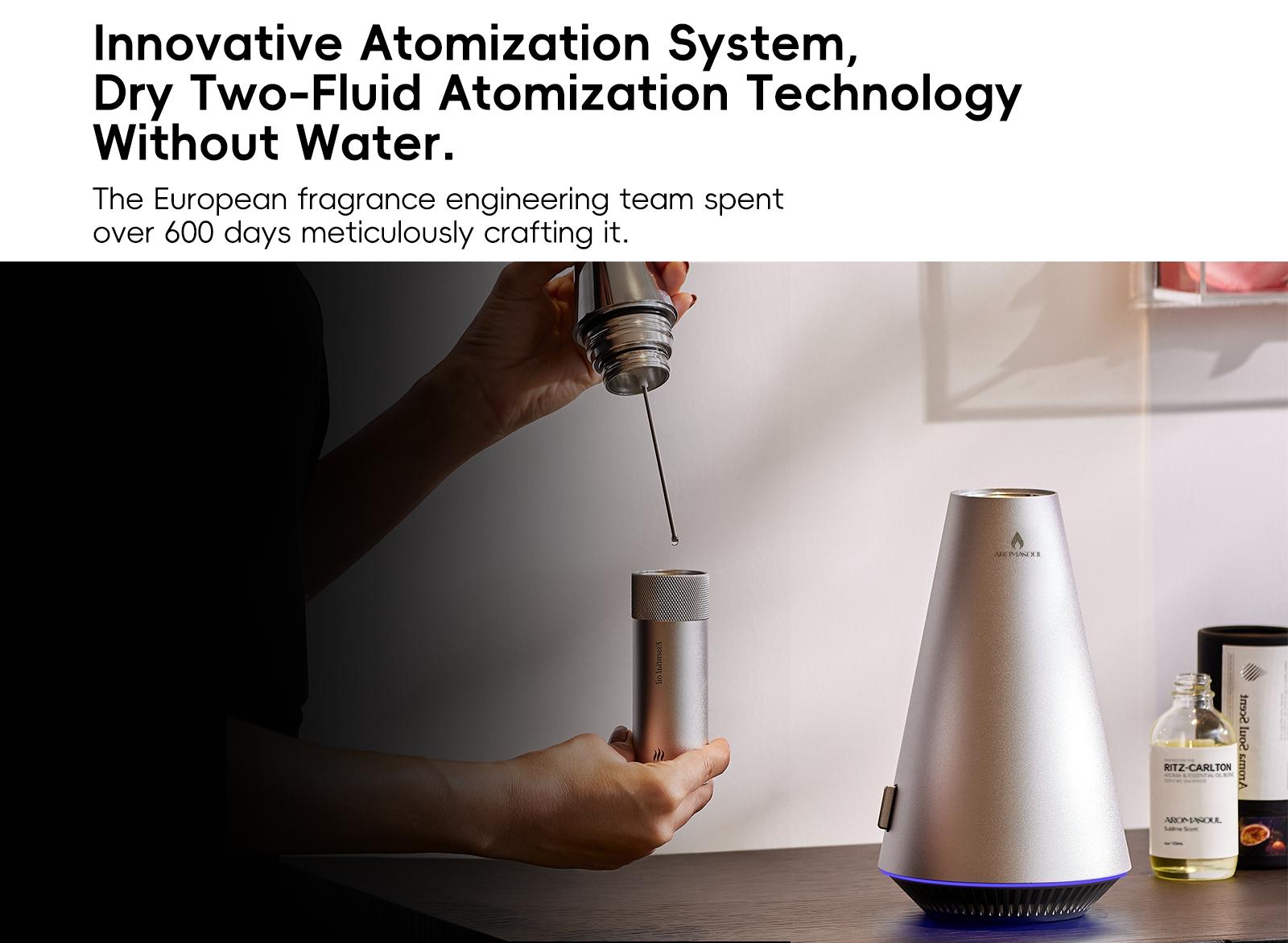AROMASOUL Waterless Scent Diffuser Starter Kit - 1500 Sq Ft Coverage, Alloy Atomization System,Mood Light,Smart Rechargeable Hotel Scent Diffuser, Including 120ml Essential Oil, for Home,Large Room,Spa,Silver