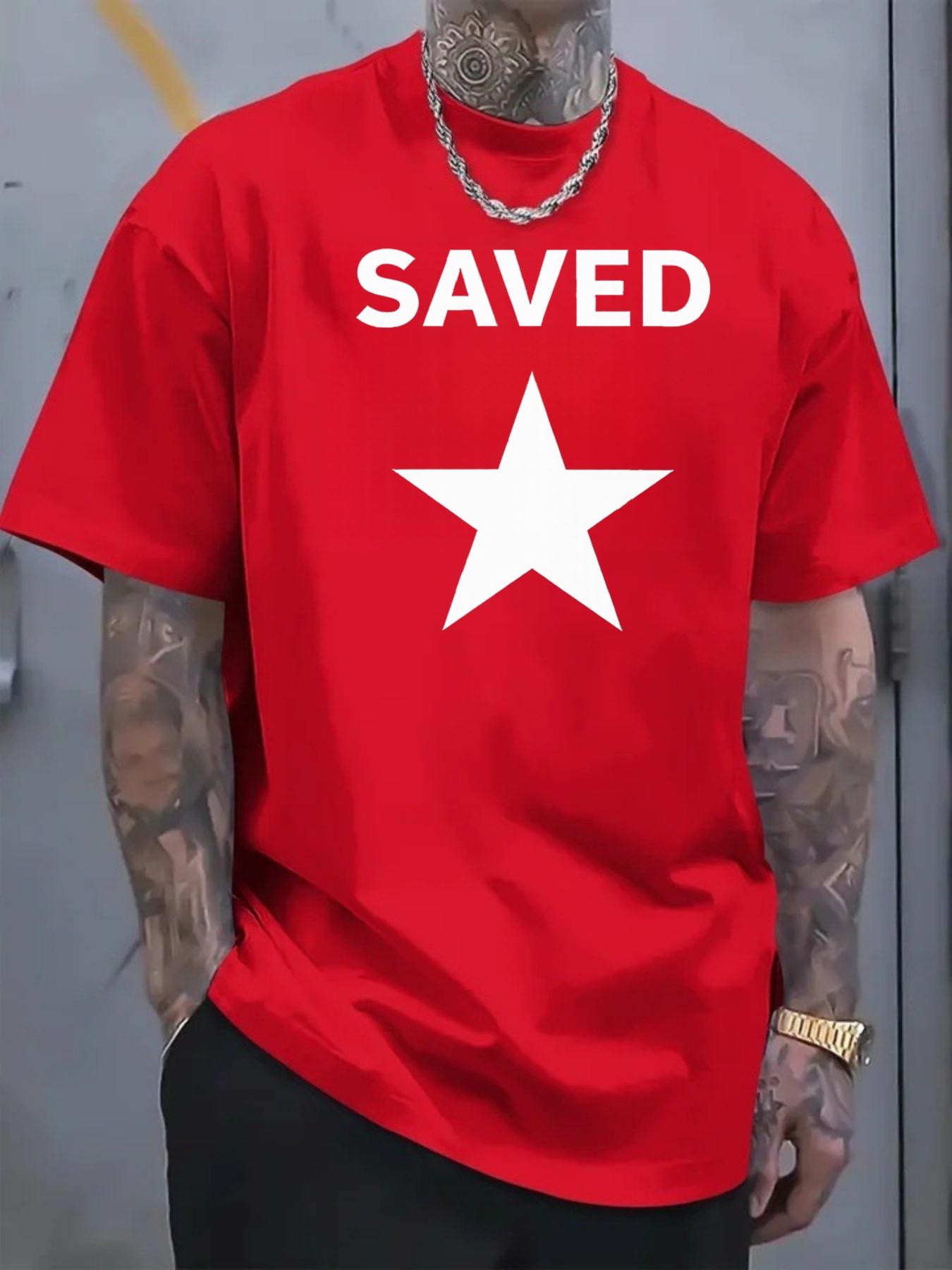Men's T-shirt SAVED with white star print pattern, trendy short-sleeved casual street wear, versatile top for daily use