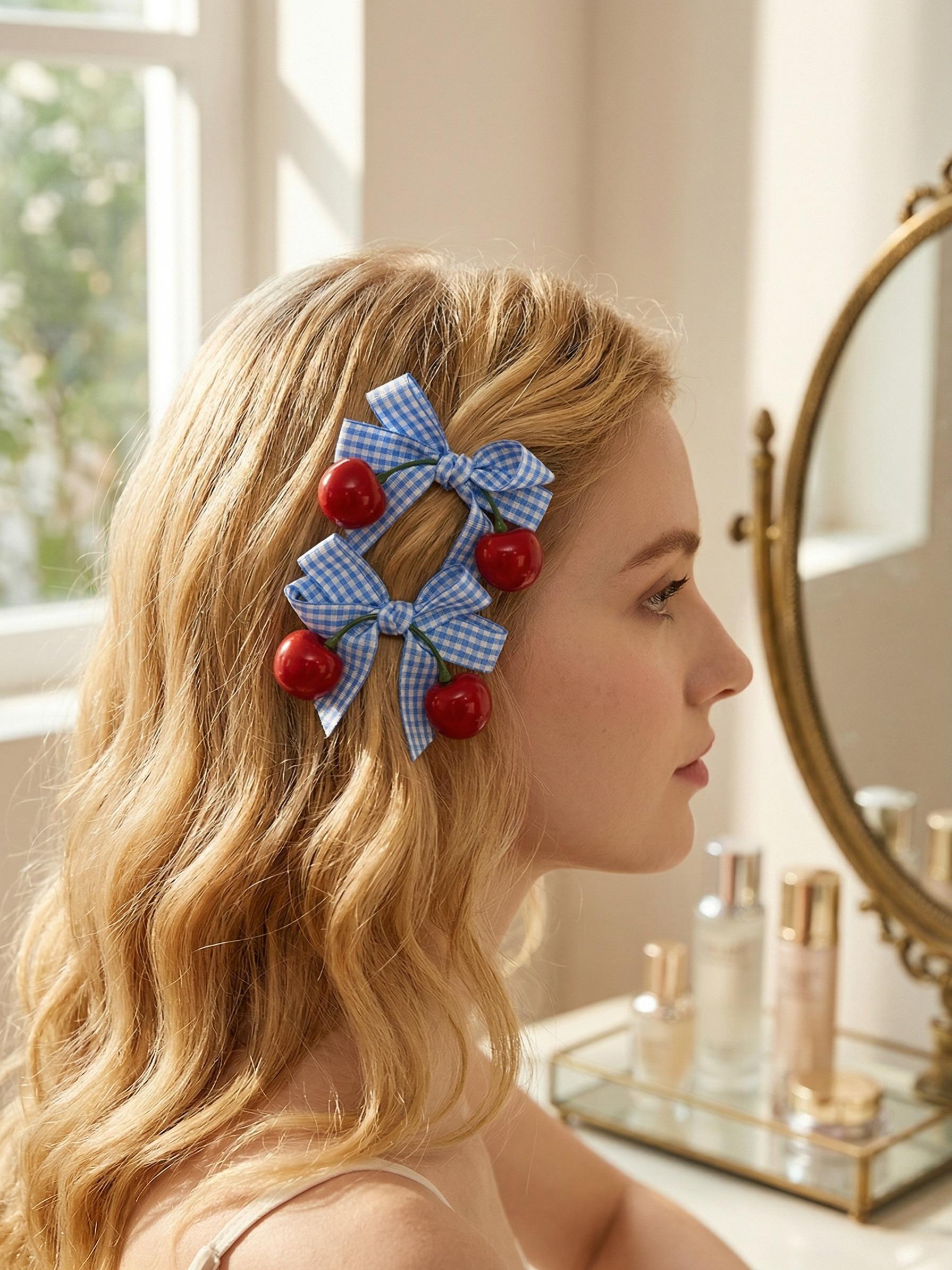 2pcs - French sweet cherry bow hair clips set, includes duckbill clips, women's hair clips, Y2K style for women & kids. Perfect for daily dates, picnics, photoshoots, school wear and festival parties.