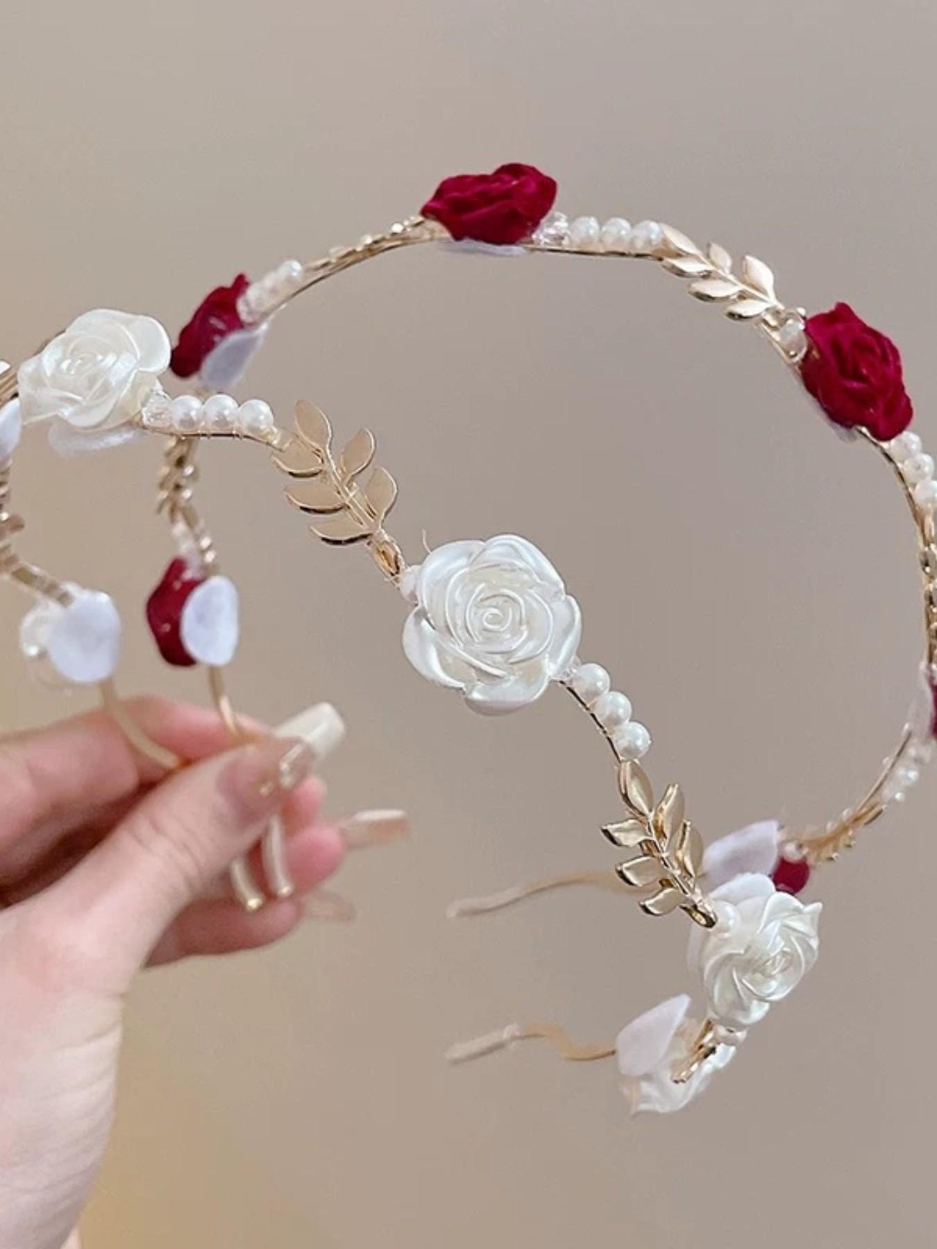 2 Pcs Vintage Rose & Pearl Hairbands, High-Quality Alloy Material, Unique Crown Design, Elegant Floral Pattern, All Seasons Headwear