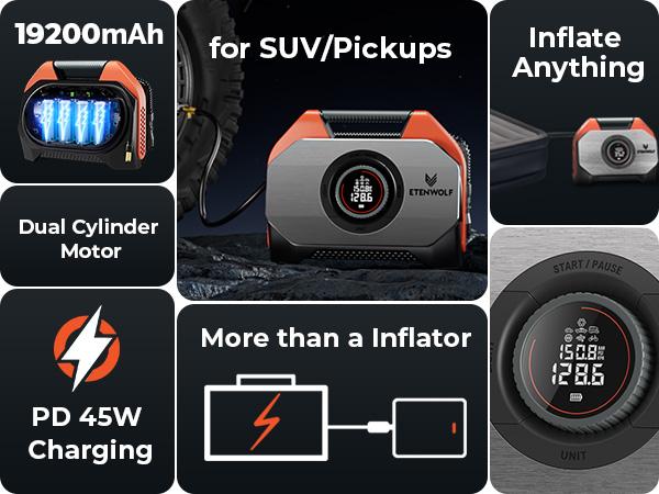 ETENWOLF VORTEX S6 Tire Inflator Portable Air Compressor for Heavy-duty Vehicles, Cordless Air Pump for Car & Inflatables with 19200mAh Battery, 100% Duty Cycle & Dual Cylinder Bike Pump SpringStatements