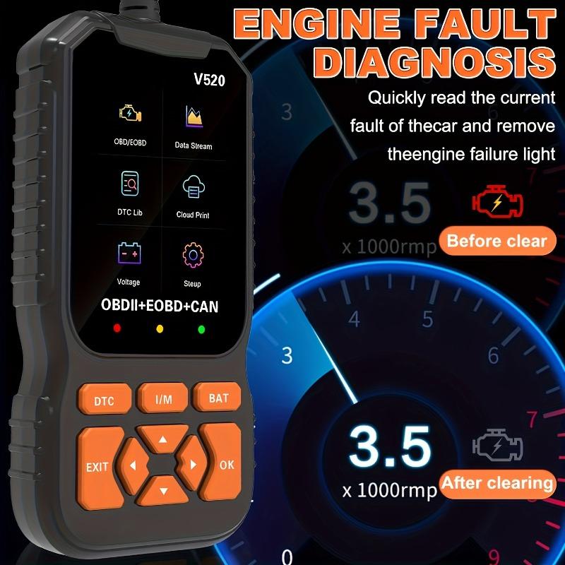 V520 Professional Car Scanner Fixed Obd2 Diagnostic Scan Tool, USB Powered Engine Fault Detector, Code Reader, Battery Tester, Supports 10 Languages