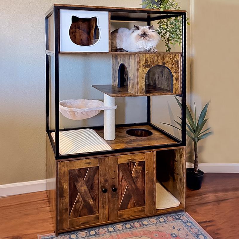 Aivituvin Wooden 3-Story Cat Condo with Litter Box Enclosure| Strong Iron Frame-AIR102 Aivituvin Wooden 3-Story Cat Condo with Litter Box Enclosure| Strong Iron Frame-AIR102