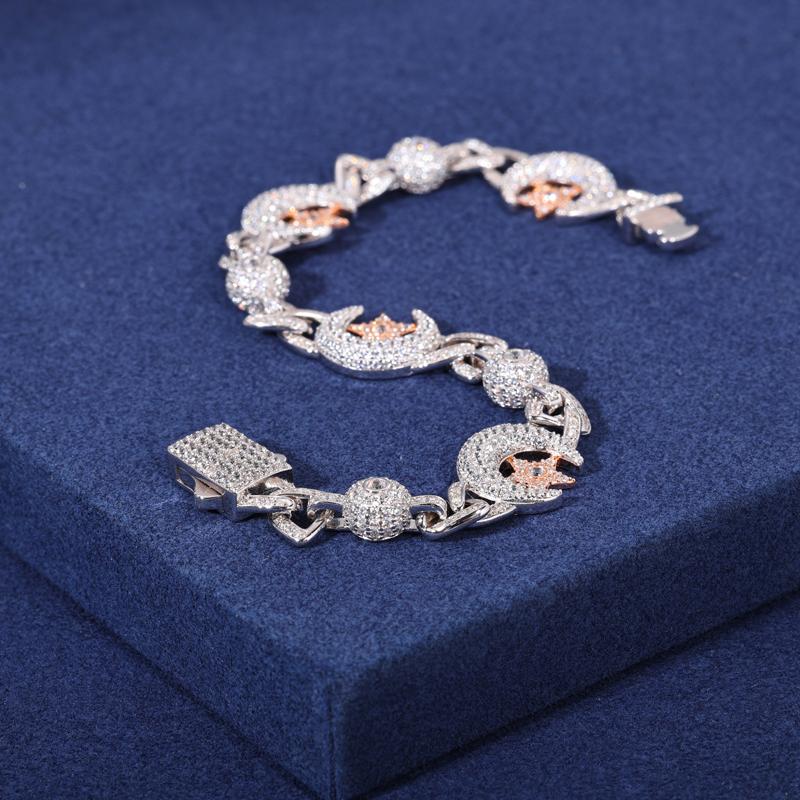【#B241】925 Sterling Silver Inlaid With Shiny Synthetic Moissanite Chain Bracelet Star and Moon Bracelet Exquisite Jewelry Men's Hip-Hop Rap Punk Bracelet Gift
