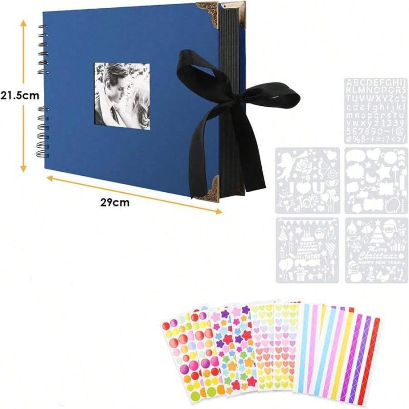 Spiral-Bound DIY Scrapbook Kit, Hardcover Photo Album with Ribbon Closure, Complete Set with Stickers & Stencils, Personalized Memory Journal for Weddings, Travel, Birthdays and Anniversaries