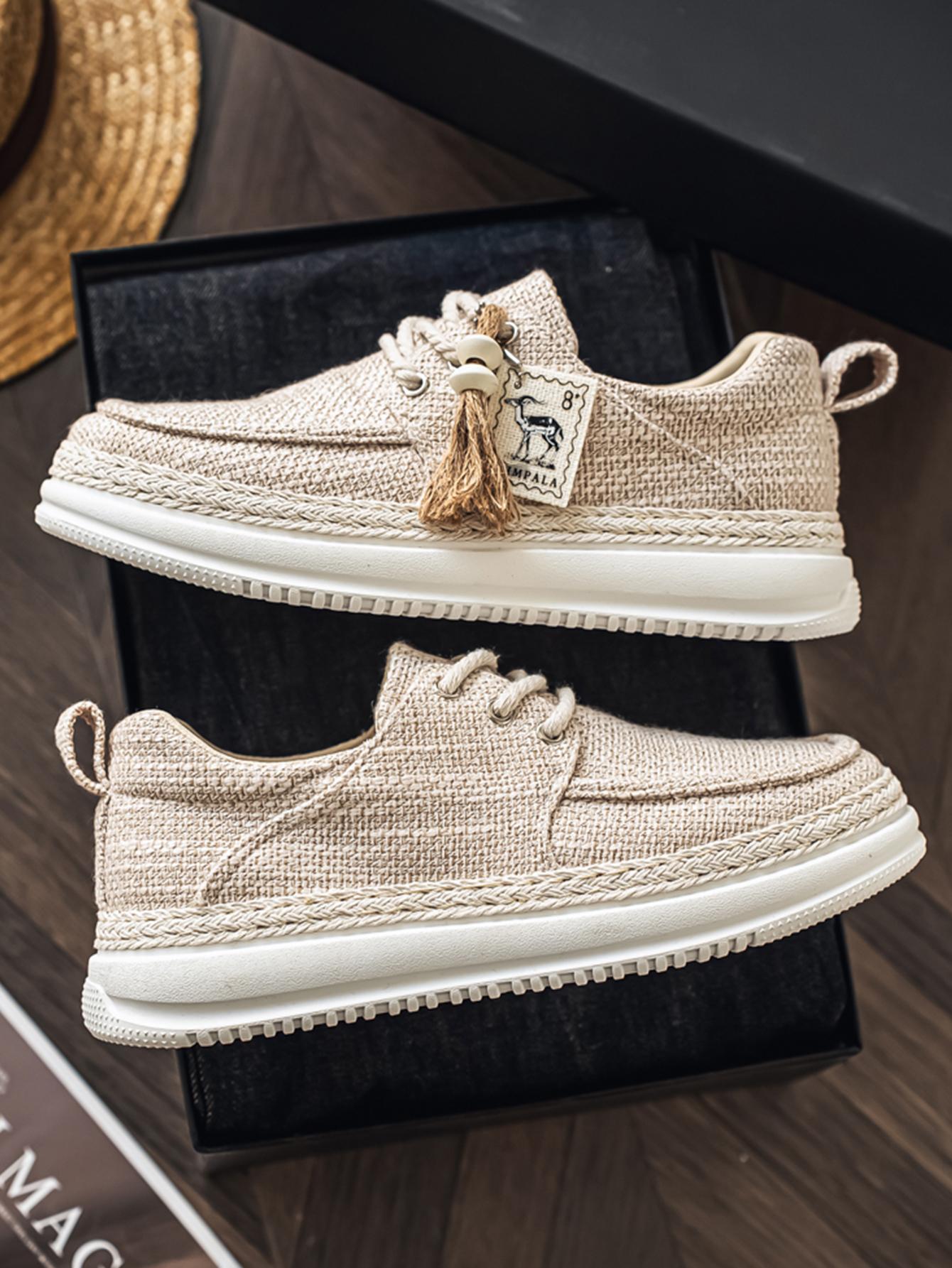 New Summer Men's Cotton Linen Shoes, Breathable Non-Stuffy, Straw Trim Fringe Design, Casual Retro Style, Perfect for Daily Wear