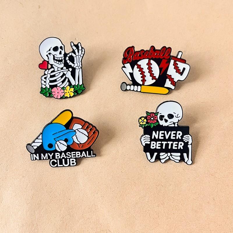 1 pc Cartoon Skull Pin Badge, Unique Baseball Sports Metal Emblem, Creative Clothing Bag Medal Brooch Accessory Gift, Fashionable Jewelry