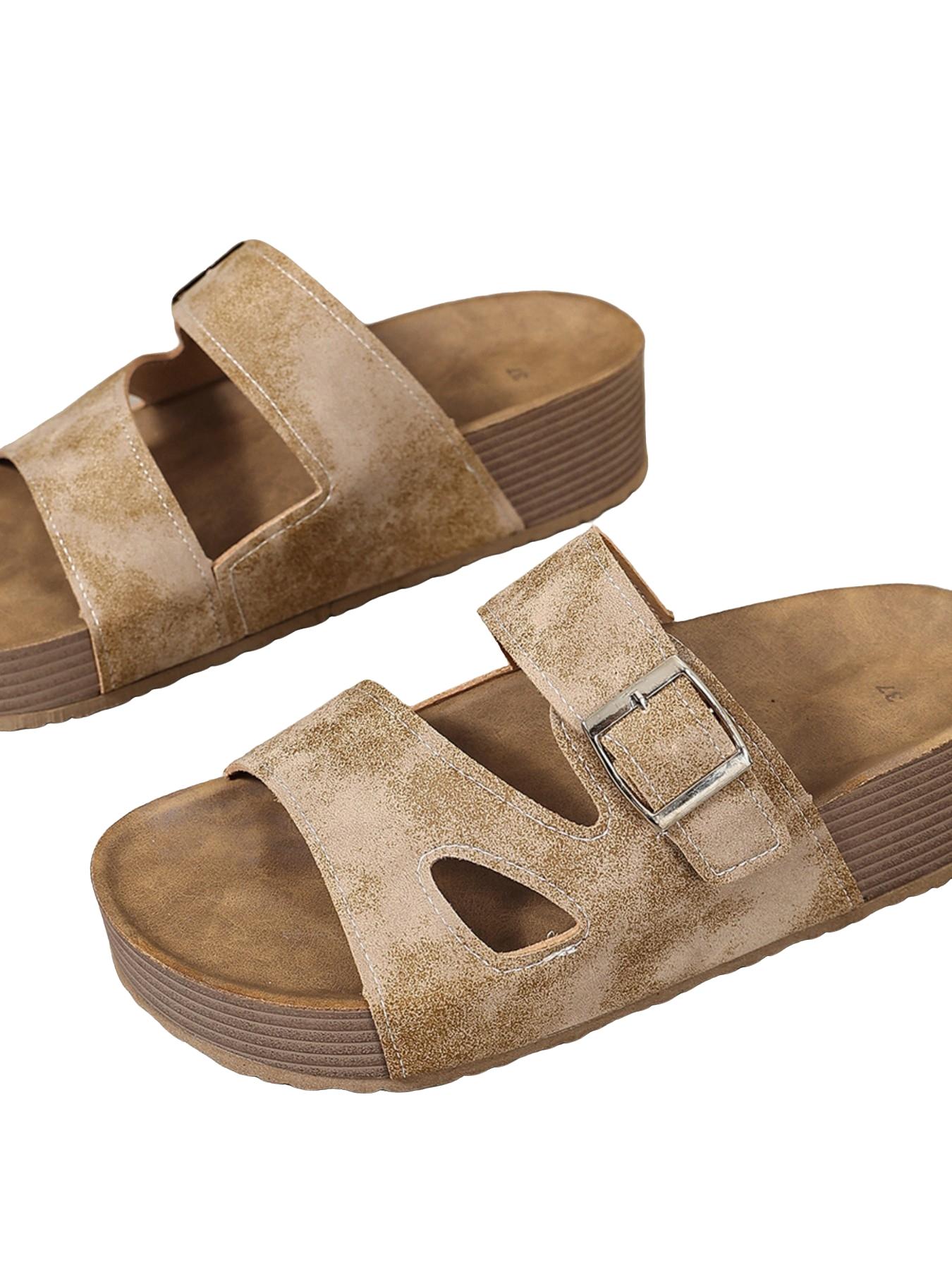 Vintage Double Buckle Sandals for Women, Distressed Matte Wood Grain Thick Heel Casual Outdoor Slippers, Comfortable and Stylish Footwear, Summer