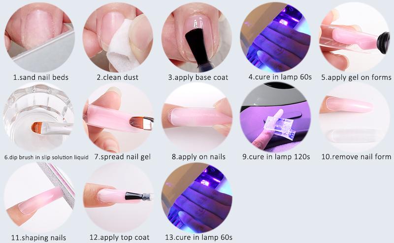 Fcozpjk Poly Nail Gel Kit White Mauve Nude Pink Builder Nail Gel Kit With Slip Solution Dual Nail forms Nail Clips for Poly Gel Nail Starter Kit Extension Manicure Set Acrylic Brush nails kit set