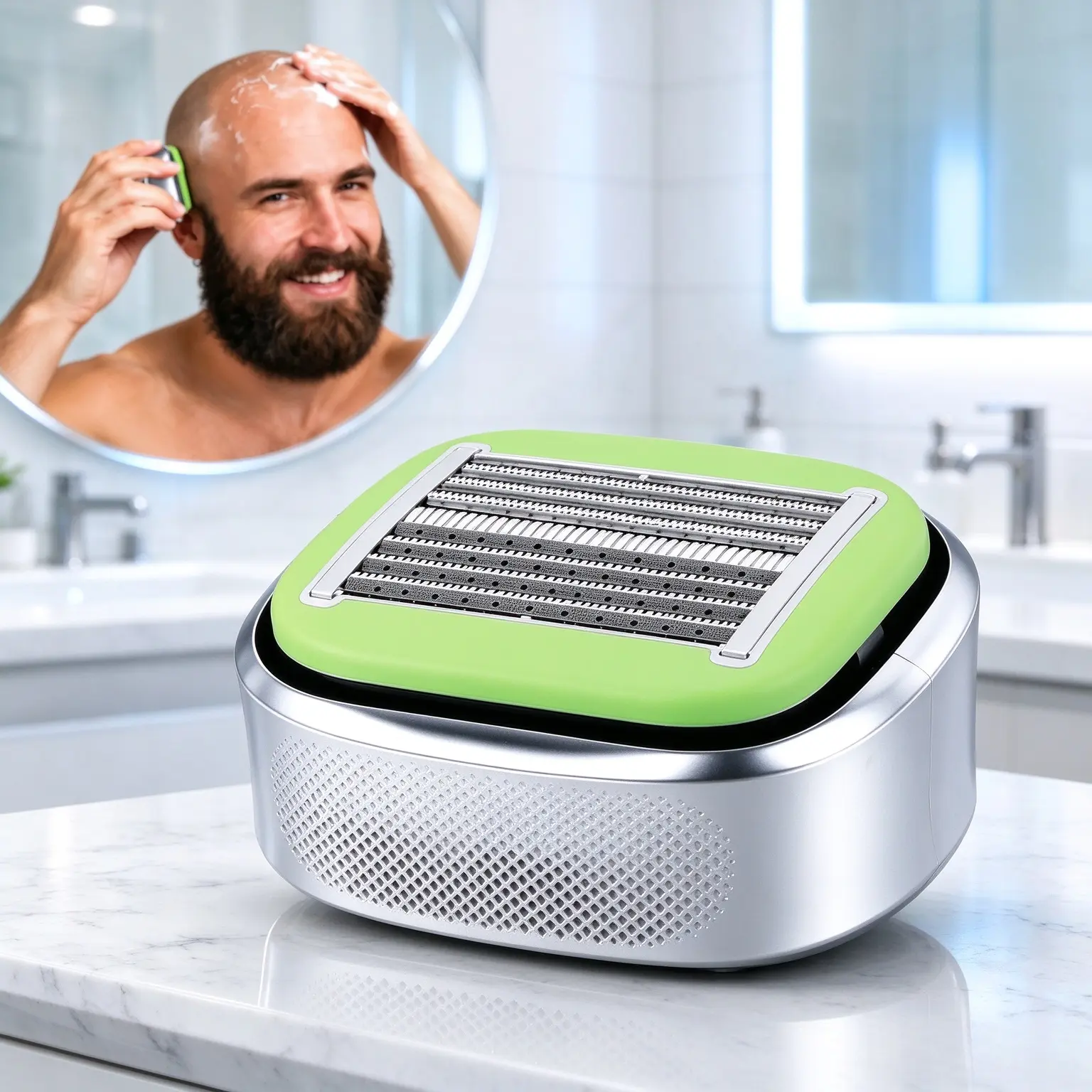 Mens Bald Head Razor, 8-Layer Dual Action Blades with Aloe Lubricating Strip, Anti-Irritation Guard Comb, Anti-Bump, Fully Waterproof, Interchangeable Blades, Sensitive Skin Friendly, Compact Travel Razor with Storage Case for Scalp Shaving`