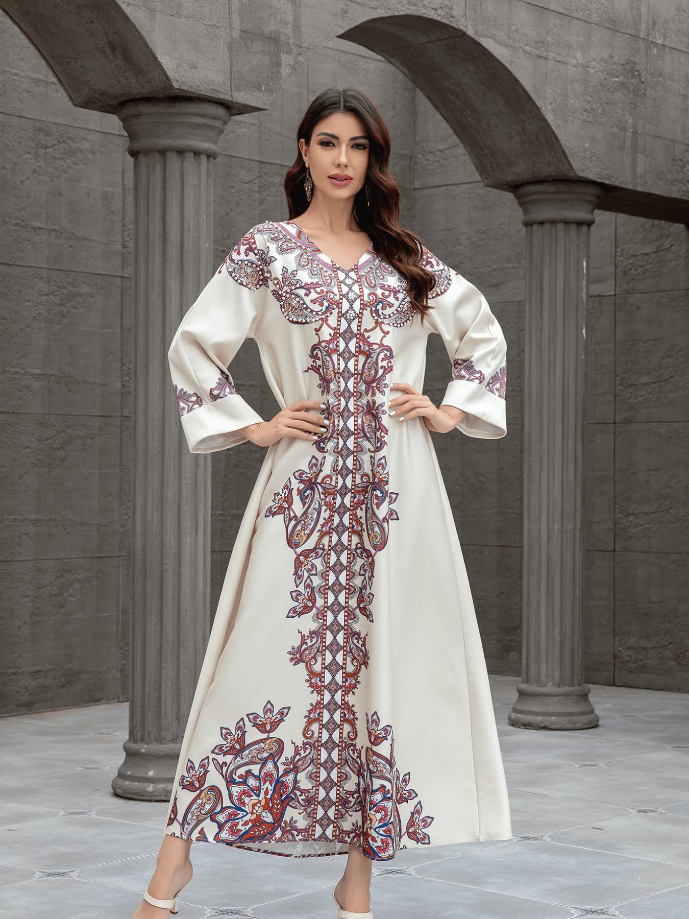 Muslim Women's Elegant Abaya Dress, Long Robe with Printing and Beads, Dubai Export Fashion, Stylish Muslim Clothing