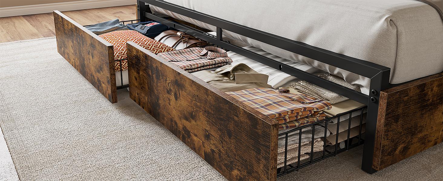 Bed Frame with 6 Storage Drawers, MATTRESS NOT INCLUDED, Bed Frame with Headboard Charging Station ,with Storage No Noise,No Box Springs Needed,Vintage Brown Bed Frame with 6 Storage Drawers, MATTRESS NOT INCLUDED, Bed Frame with Headboard Charging Station ,with Storage No Noise,No Box Springs Needed,Vintage Brown