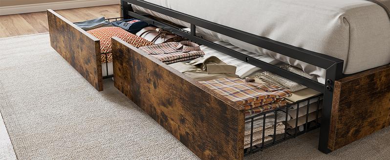 Bed Frame with 6 Storage Drawers, MATTRESS NOT INCLUDED, Bed Frame with Headboard Charging Station ,with Storage No Noise,No Box Springs Needed,Vintage Brown