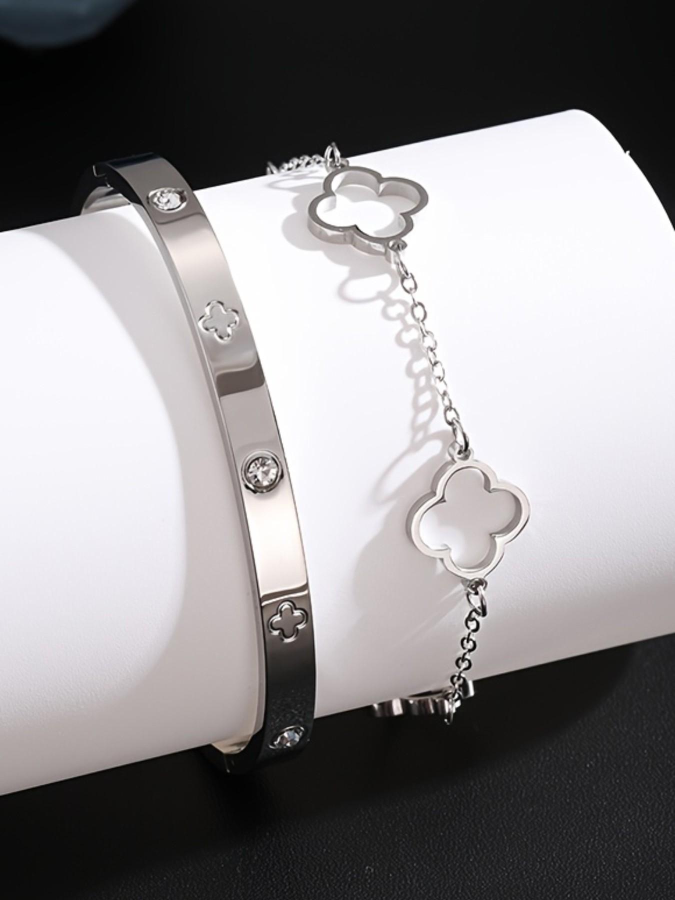 Women's Elegant Four Leaf Clover Design Stainless Steel Jewelry Set, Adjustable Bracelet & Bangle, European Style, Perfect Gift