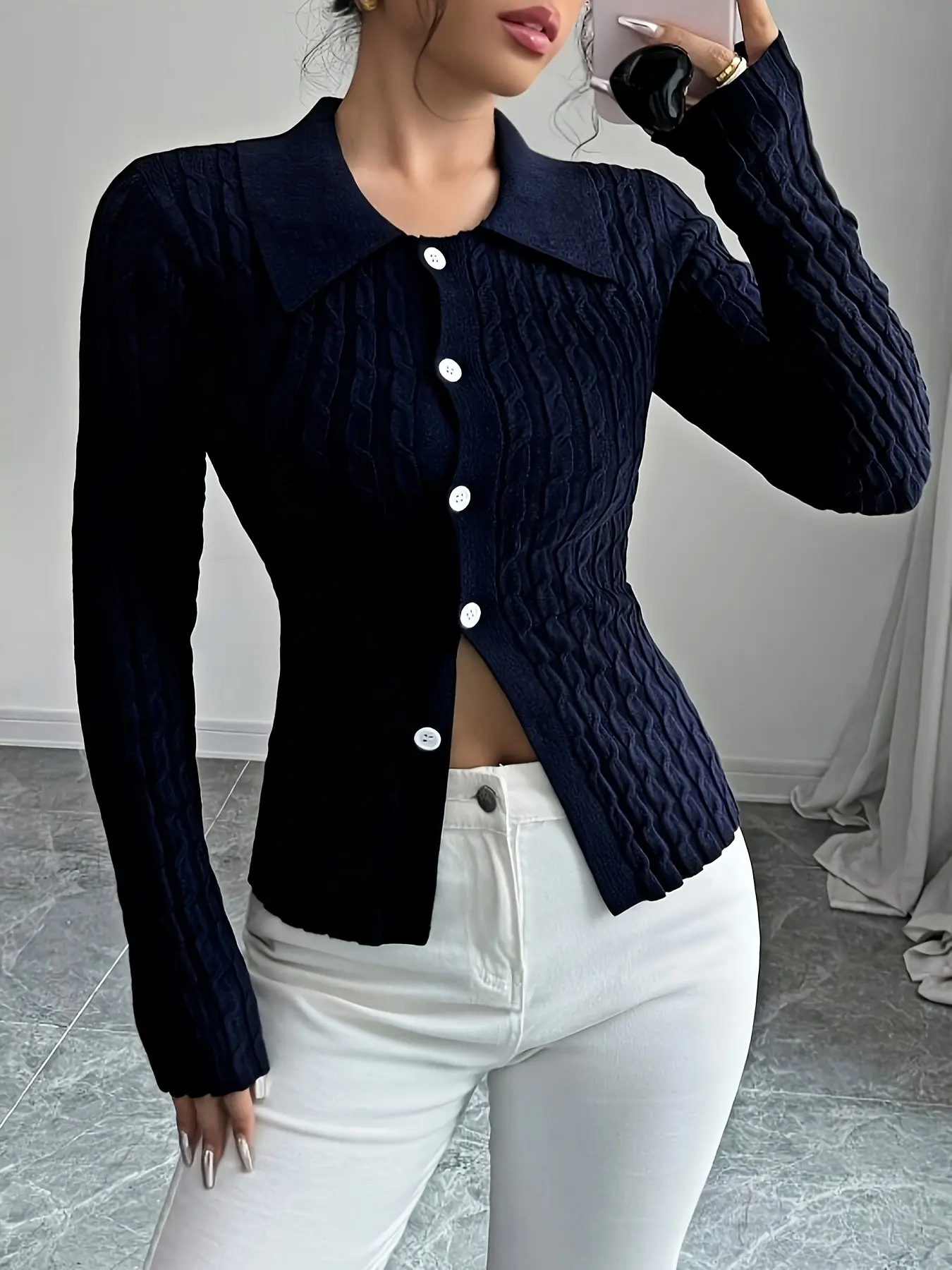 Women Polo Collar Cable Knit Cardigan Long Sleeve Button Front Fitted Slim Waist Knit Top Casual Office Fall Sweater