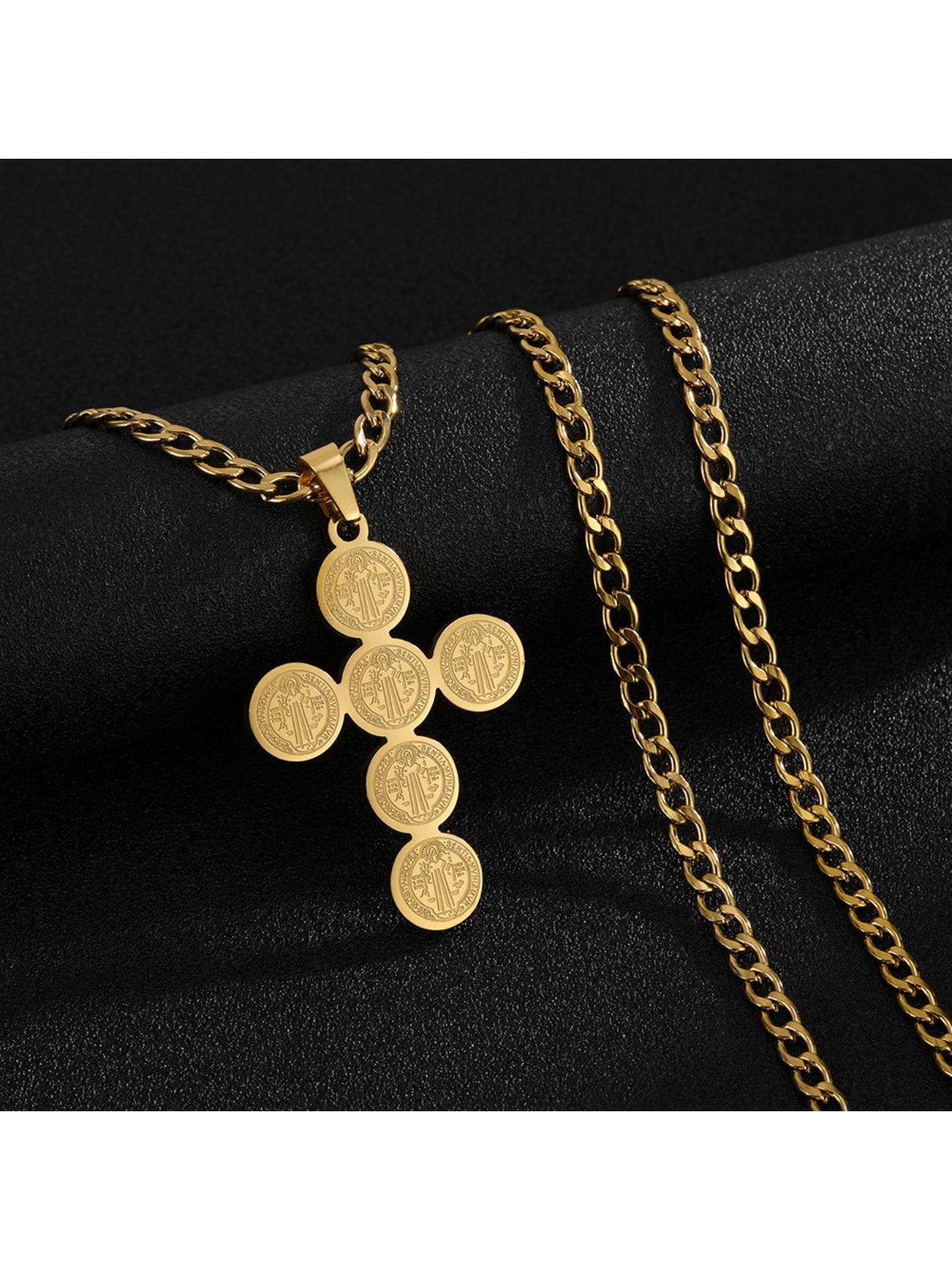 Vintage Cross Engraved Coin Pendant Necklace, Grunge Streetwear Titanium Steel Chain, Non-Tarnish Edgy Jewelry