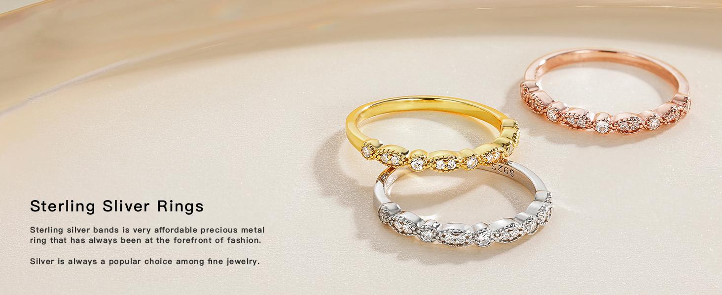 S925 Sterling Silver Wedding Band for Women Cubic Zirconia Milgrain Marquise & Round Half Eternity Stackable Ring Silver Size 5-10