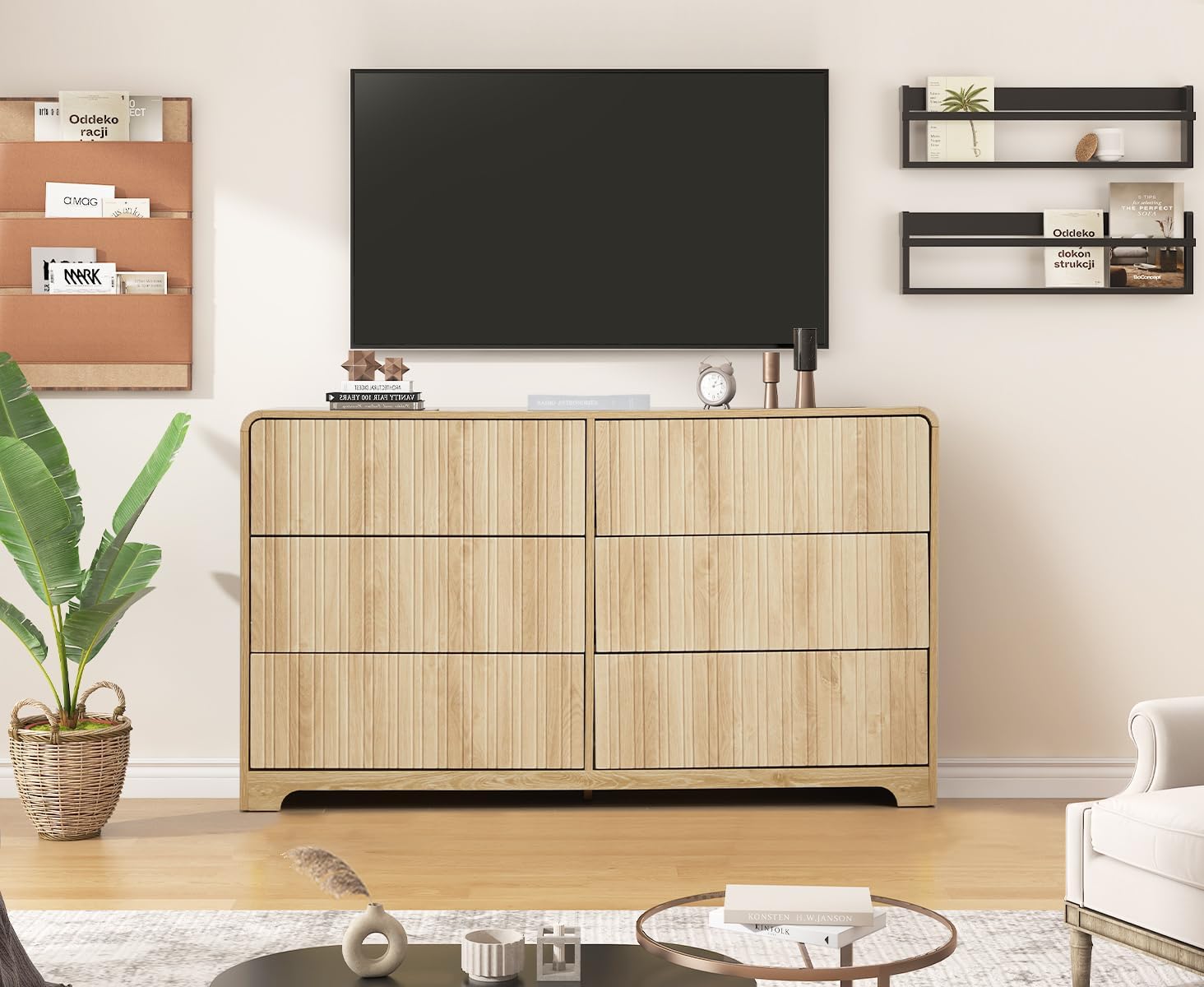 Giratree Fluted 6 Drawers Dresser for Bedroom, 53" Wide Mid Century Modern Chest of Drawers with Curved Profile Design, Large Wood Double Dresser for Living Room Wooden Dressing Table with Drawers