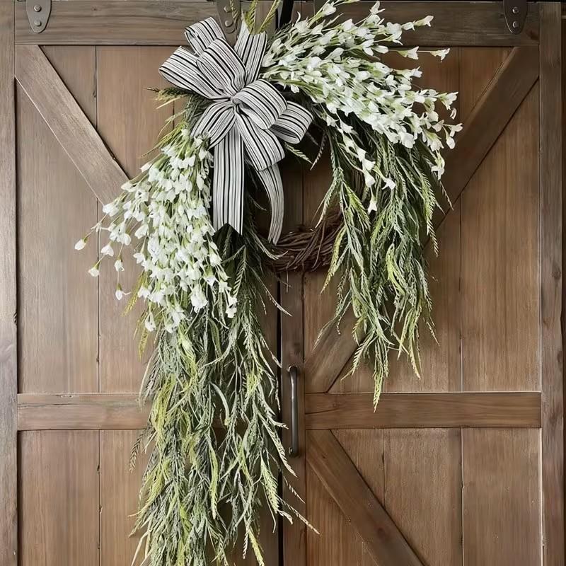 Spring Summer Front Door Decorative Wreath, Realistic Bell Flower Drip Tear Drop Door Knocker, Striped Bow, Plant Woven Wreath