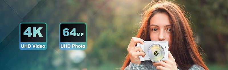 2025 Newest 64MP Vlogging Camera with Selfie Lens & Flash | Compact Travel Digital Camera  | Perfect Gift with 32GB Card & Battery Charger & Lanyard Included 【Pearl White】
