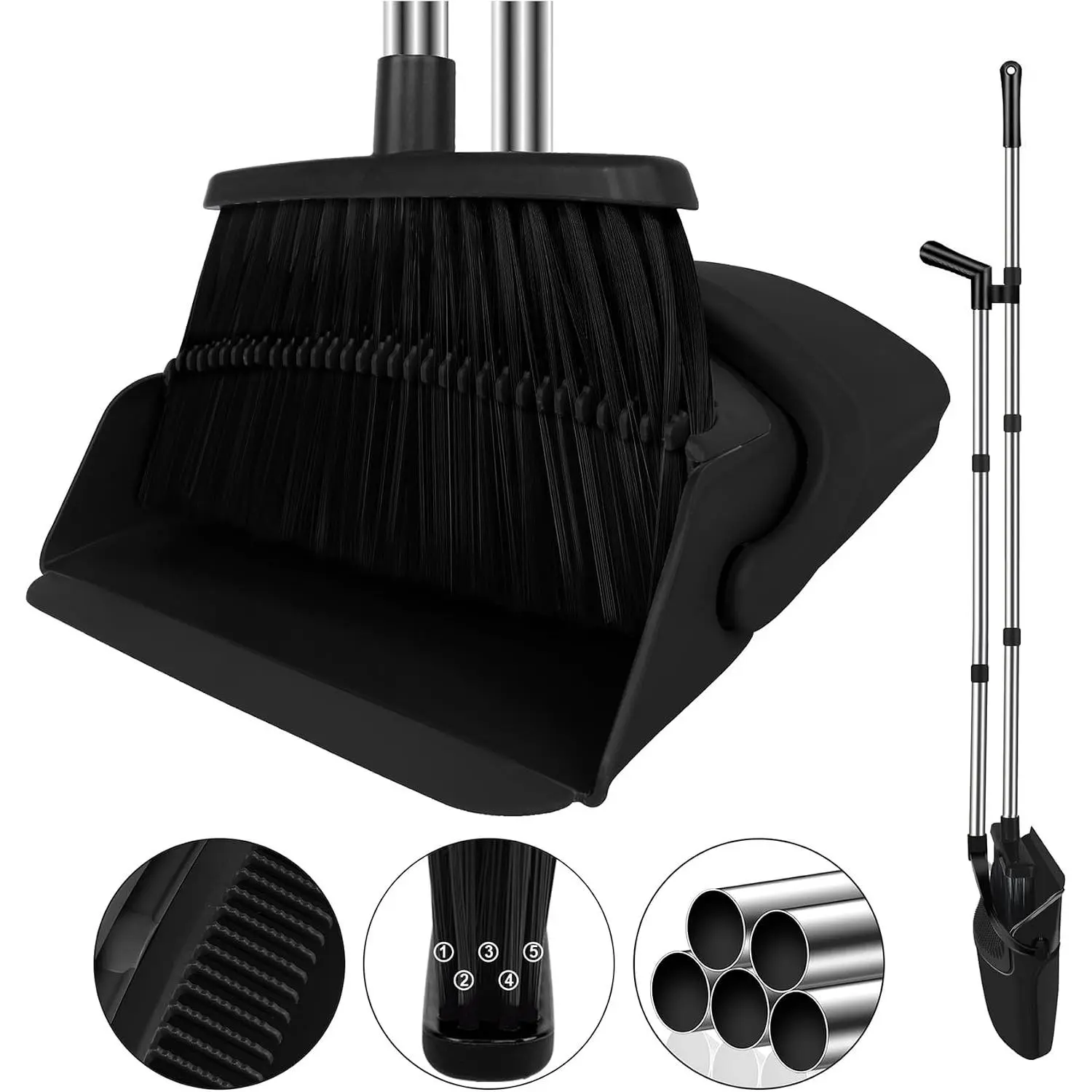 Black Broom and Dustpan Combo Set, 51" Long Handle Broom |   Hands-Free Pet Hair Cleaning, Built-in Comb Dustpan, Space-Saving Storage, Multi-Surface Use for Home, Kitchen & Office