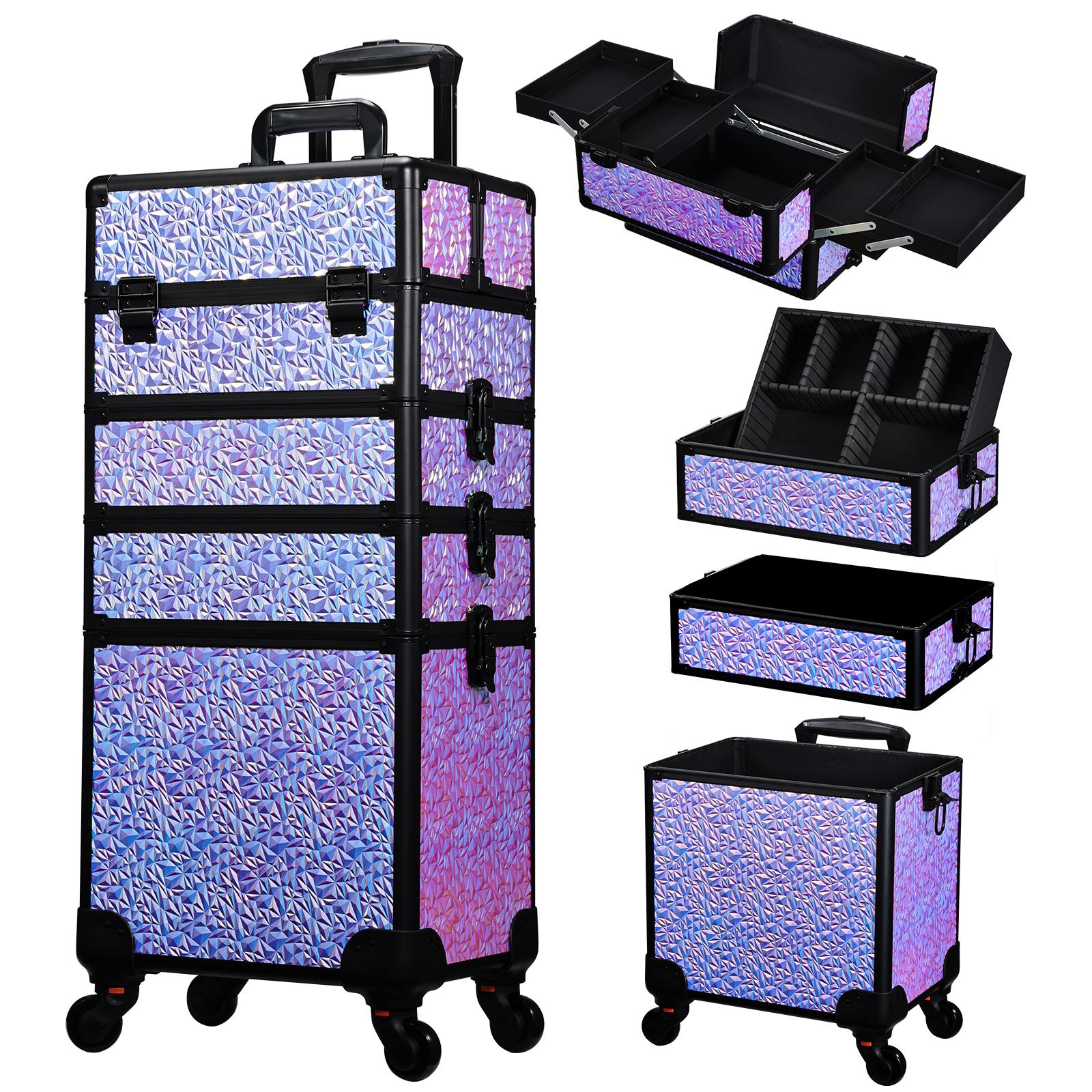 Joligrace 4 in 1 Rolling Makeup Train Case Large Cosmetic Trolley Box with Key Swivel Wheels Salon Barber Case
