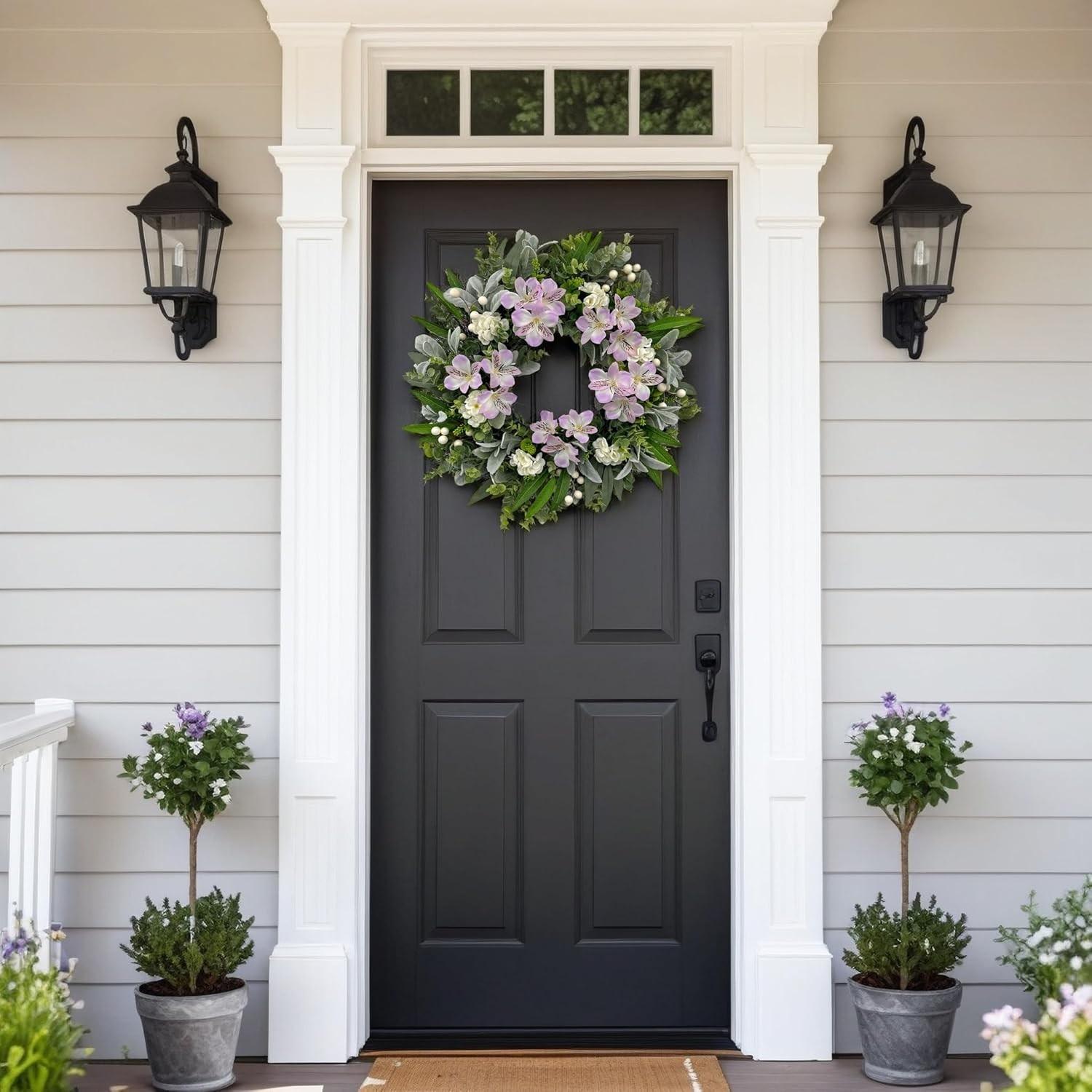 Front Door Wreath, Eucalyptus Leaf Wreath with Flowers and Berries, All-Season Greenery, Farmhouse Home Decor, Indoor Outdoor