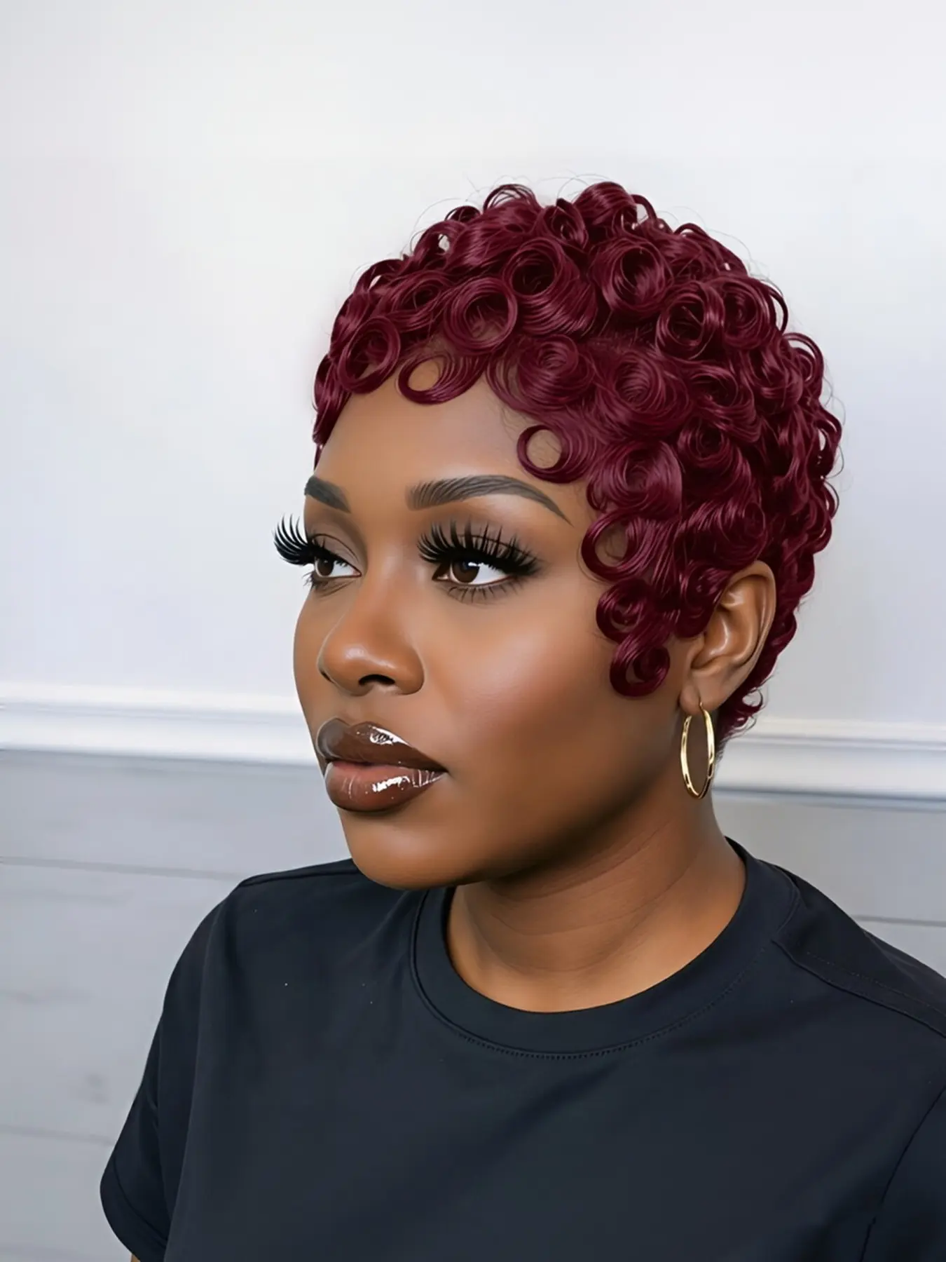 Pixie Human Hair Pixie Cut Wig, Short Curly Wavy Wig with Bangs, Natural, Rose Net Cap, Elegant Style for Women