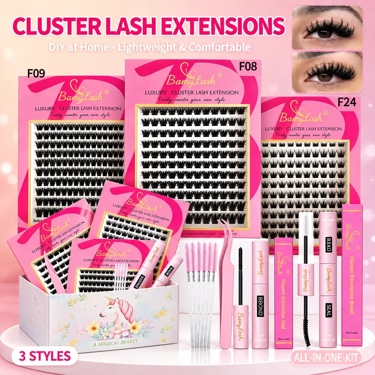 DIY Cluster Lash Extensions Kit with Bond & Seal, 3 Styles DIY False Eyelashes, Lightweight & Comfortable, All-in-One Lash Kit，Friendly for Beginner for Eye makeup Cosmetic Use and Gift Pack for Friends or Family