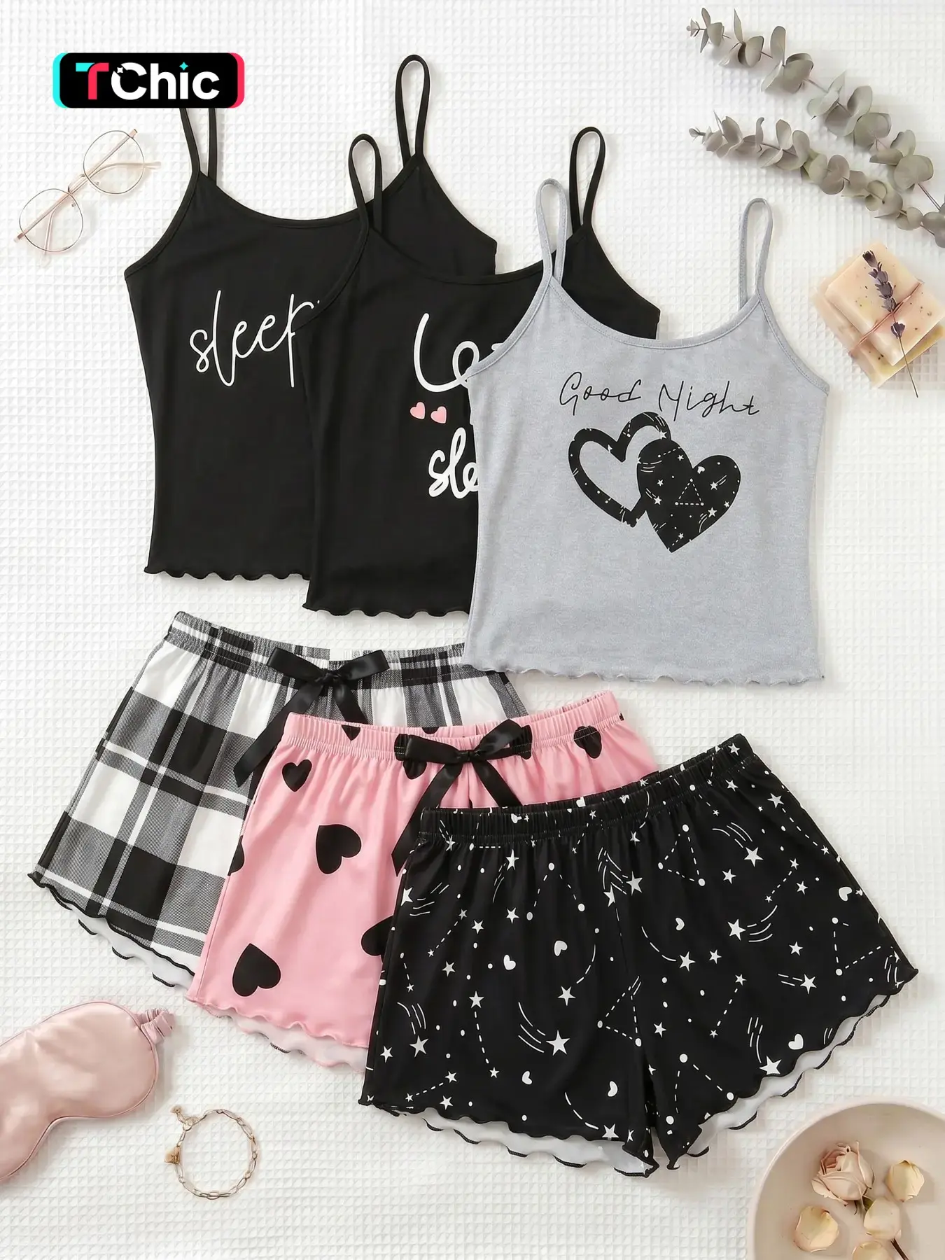 3-Piece Set, Letter Heart Print Spaghetti Strap Tank Top Shorts Pajamas, Trim Ruffle Design, Sweet Cool Girl Aesthetic Style, Breathable Home Sleepwear