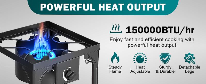 GEEKHOM Propane 3 Burner Camp Stove Outdoor High Pressure Propane 2 Burner Adjustable PSI Regulator and Steel Braided Hose With Removable Legs