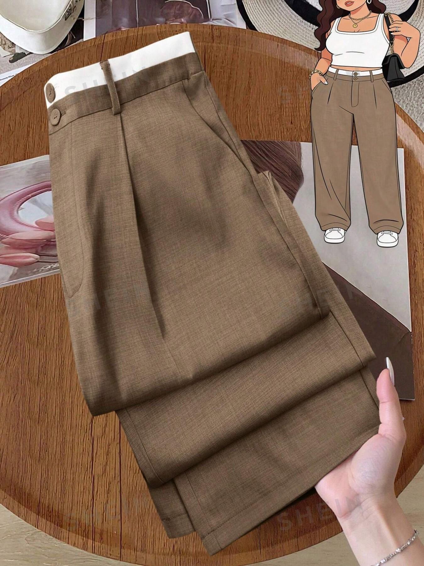 Plus Size High Waist Wide Leg Suit Pants, Women's Elastic Back Waist Front Pleat Pockets, Office Casual Long Pants