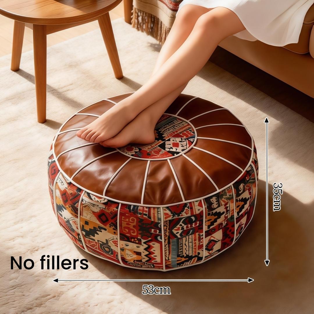 Multifunctional Storage Ottoman Pouf Cover, Faux Leather Ottoman Foot Rest with Hidden Storage, Boho Round Footstool Poufs, Fillable Pouf Ottoman for Blankets Clothes Pillows, Bohemian Pouf Ottoman