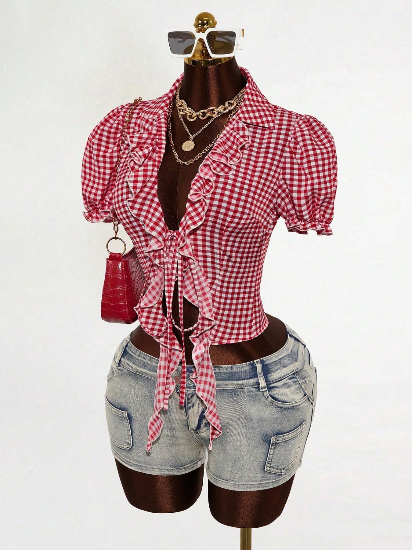 Women's Plaid Bubble Sleeve Tie Short Shirt, Ruffled Hem Crop Top, Perfect for Vacation, Brunch, Date, Farmhouse Style, Sweet & Spicy Look